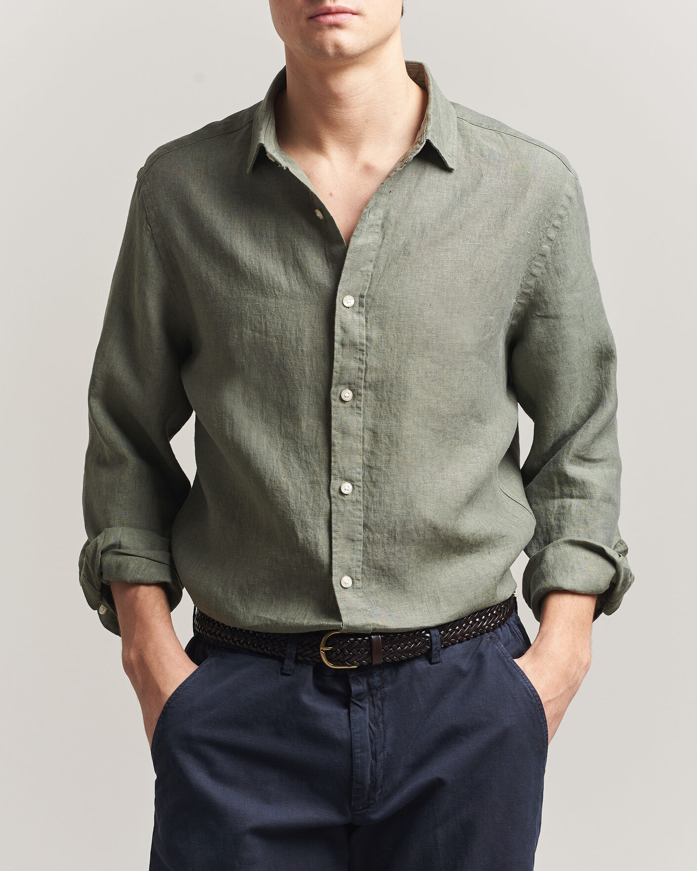 Uomini | Camicie | Charles Tyrwhitt | Pure Linen Slim Fit Shirt Olive Green