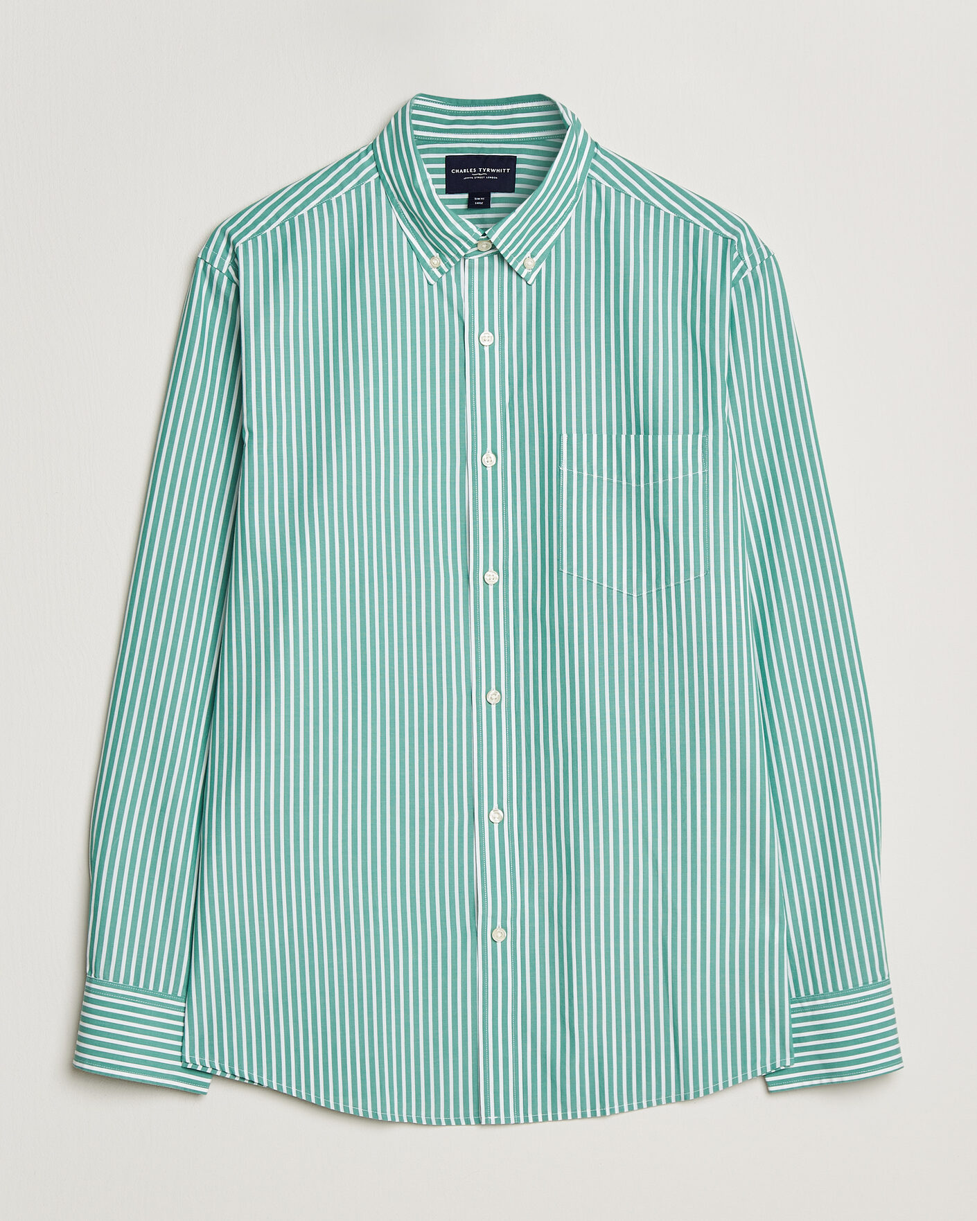 Uomini | Camicie | Charles Tyrwhitt | Button Down Stretch Poplin Shirt Green Stripe