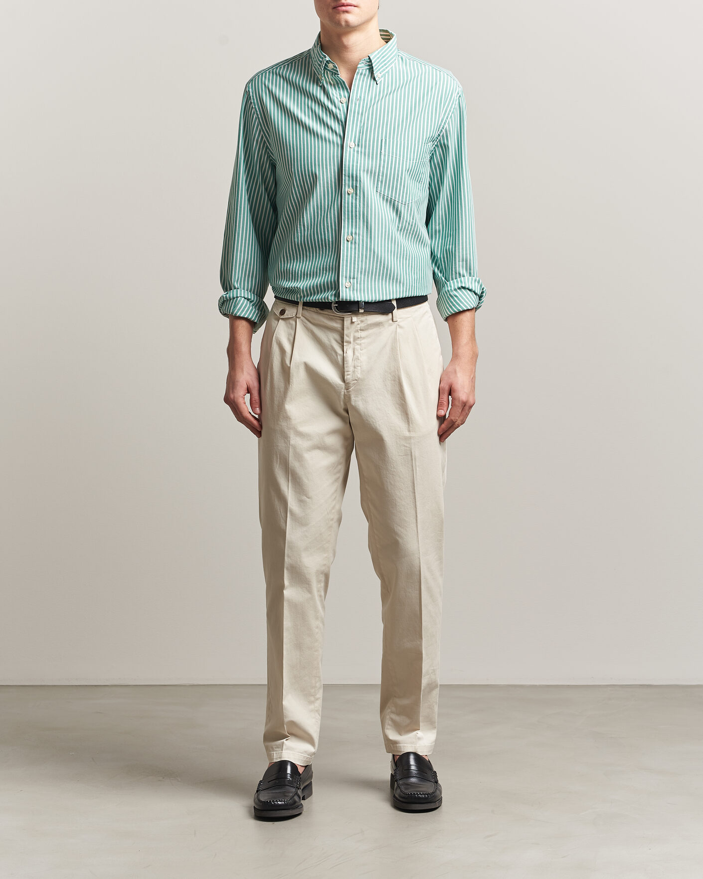 Uomini | Camicie | Charles Tyrwhitt | Button Down Stretch Poplin Shirt Green Stripe