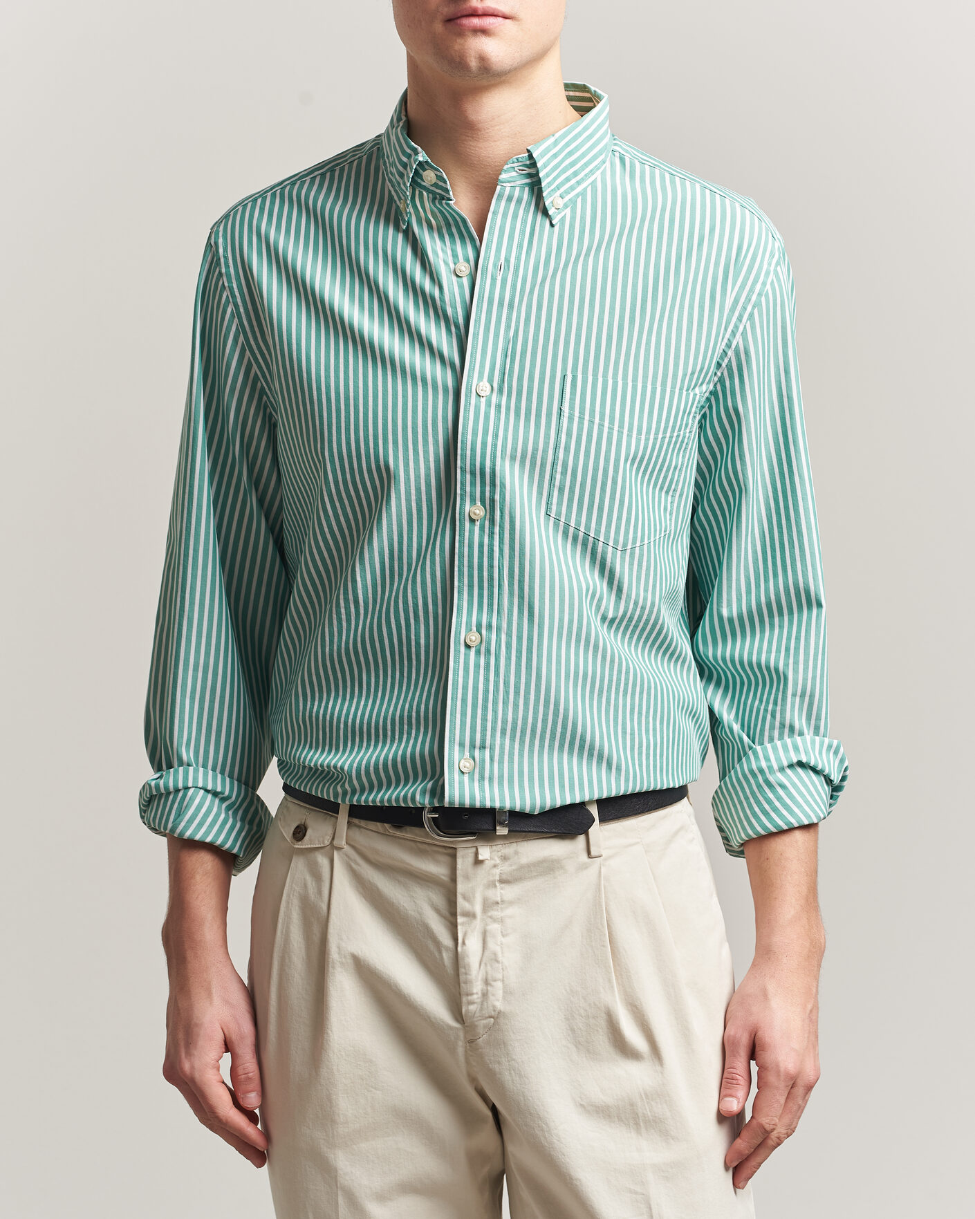 Uomini | Camicie | Charles Tyrwhitt | Button Down Stretch Poplin Shirt Green Stripe