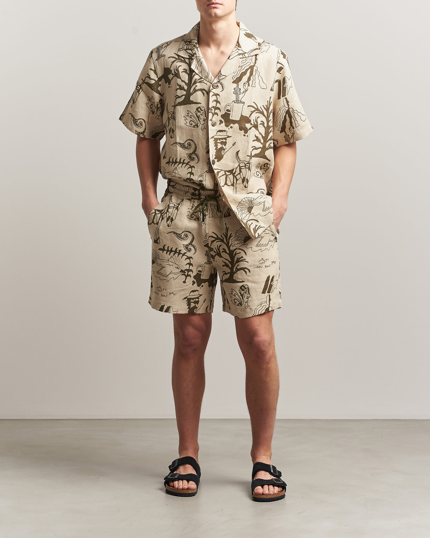 Uomini | Camicie | OAS | Cuba Short Sleeve Printed Linen Shirt Poplan