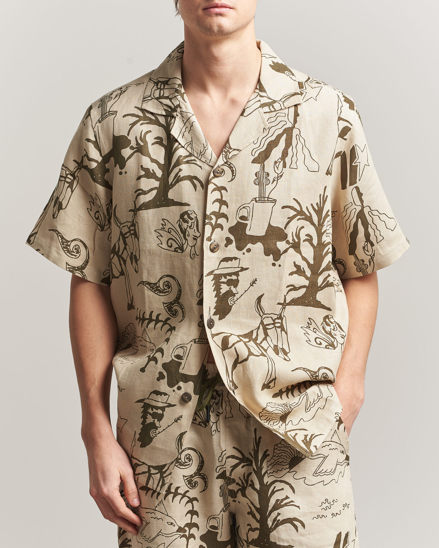 Uomini | Camicie | OAS | Cuba Short Sleeve Printed Linen Shirt Poplan