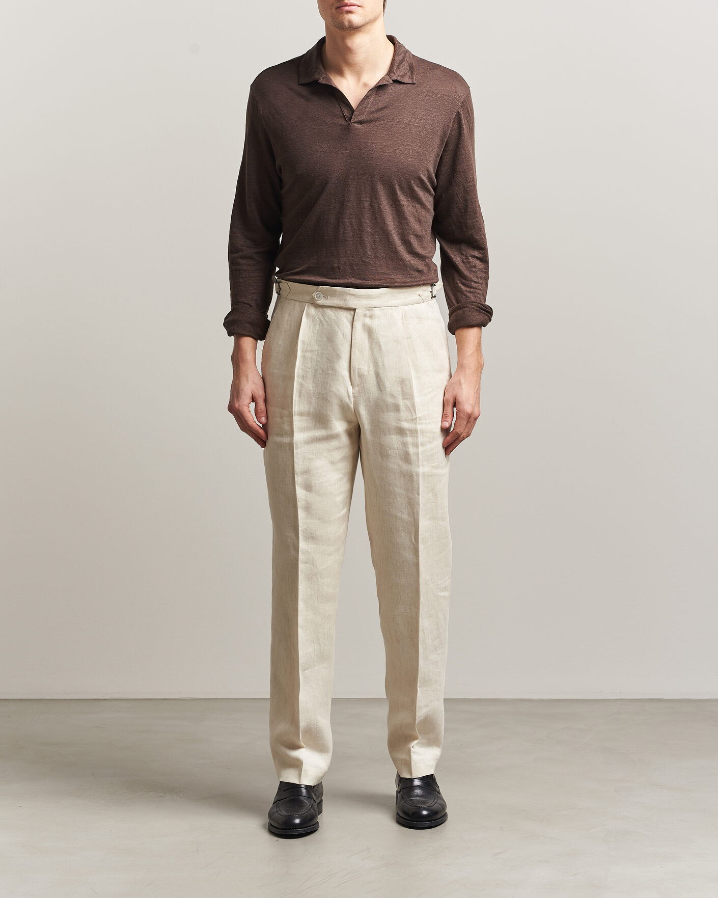 Uomini | Polo | Gran Sasso | Washed Linen Long Sleeve Polo Brown Melange