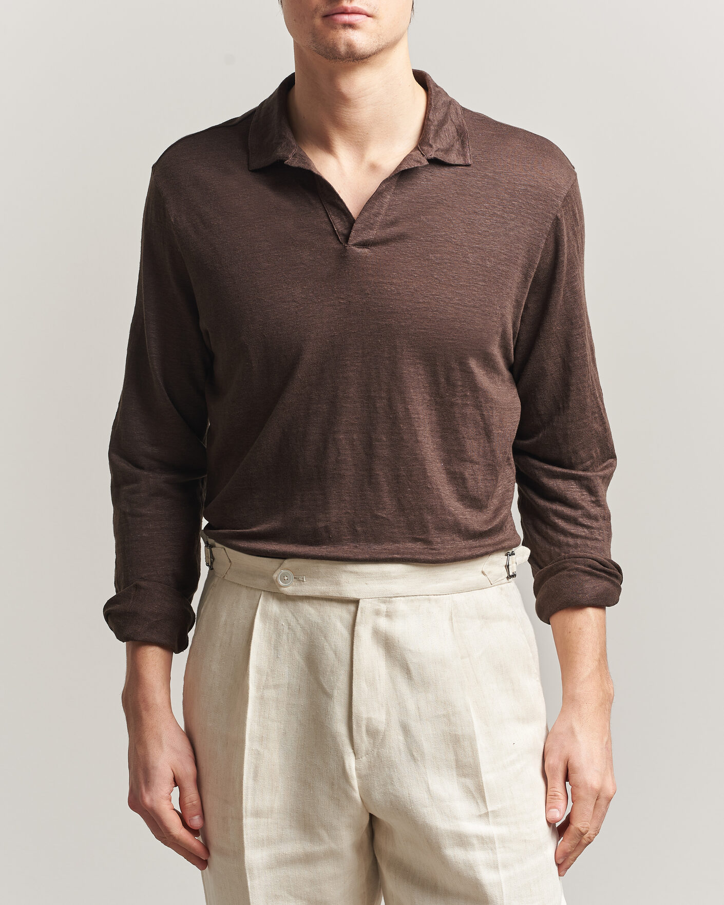 Uomini | Polo | Gran Sasso | Washed Linen Long Sleeve Polo Brown Melange