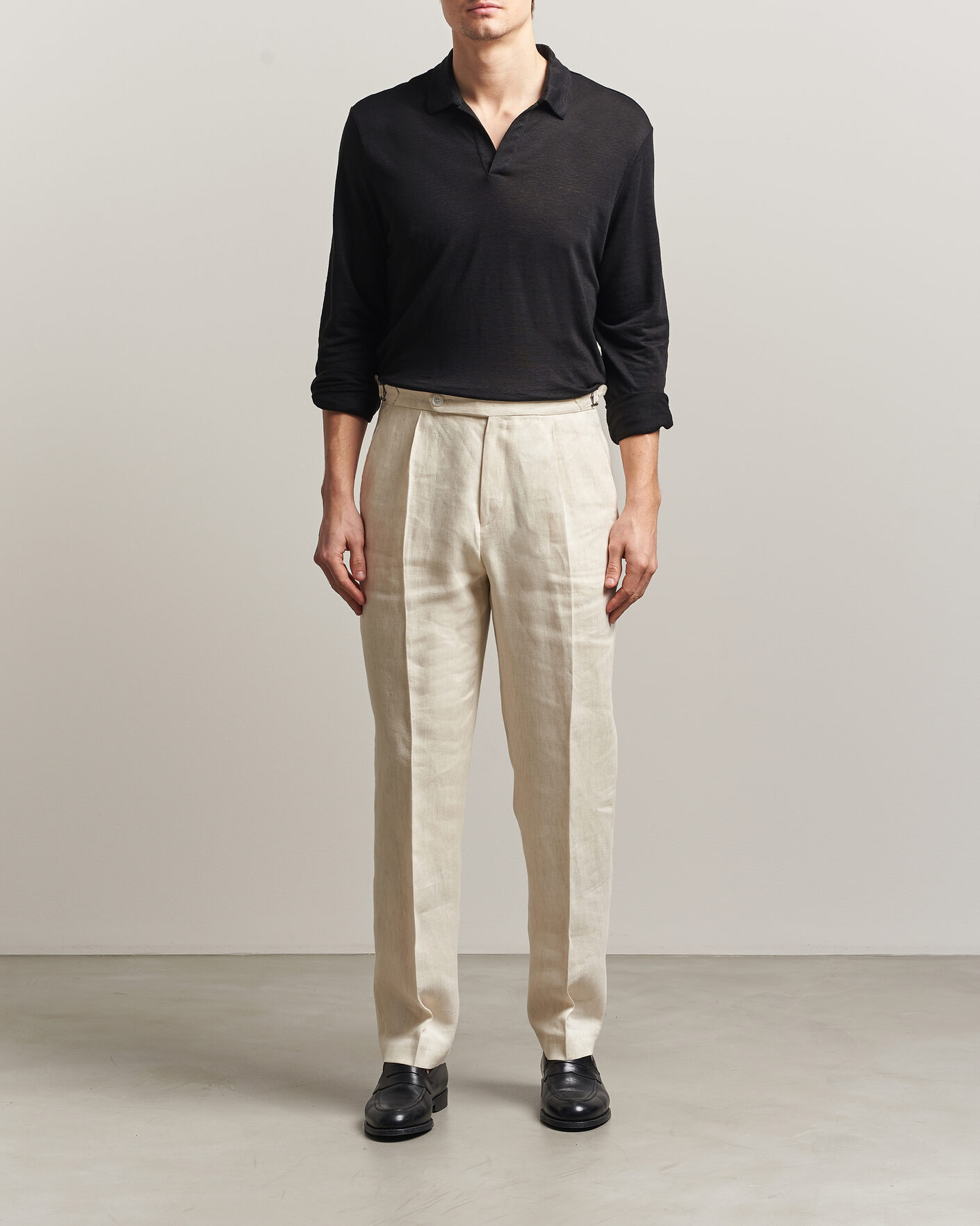 Uomini | Polo | Gran Sasso | Washed Linen Long Sleeve Polo Black