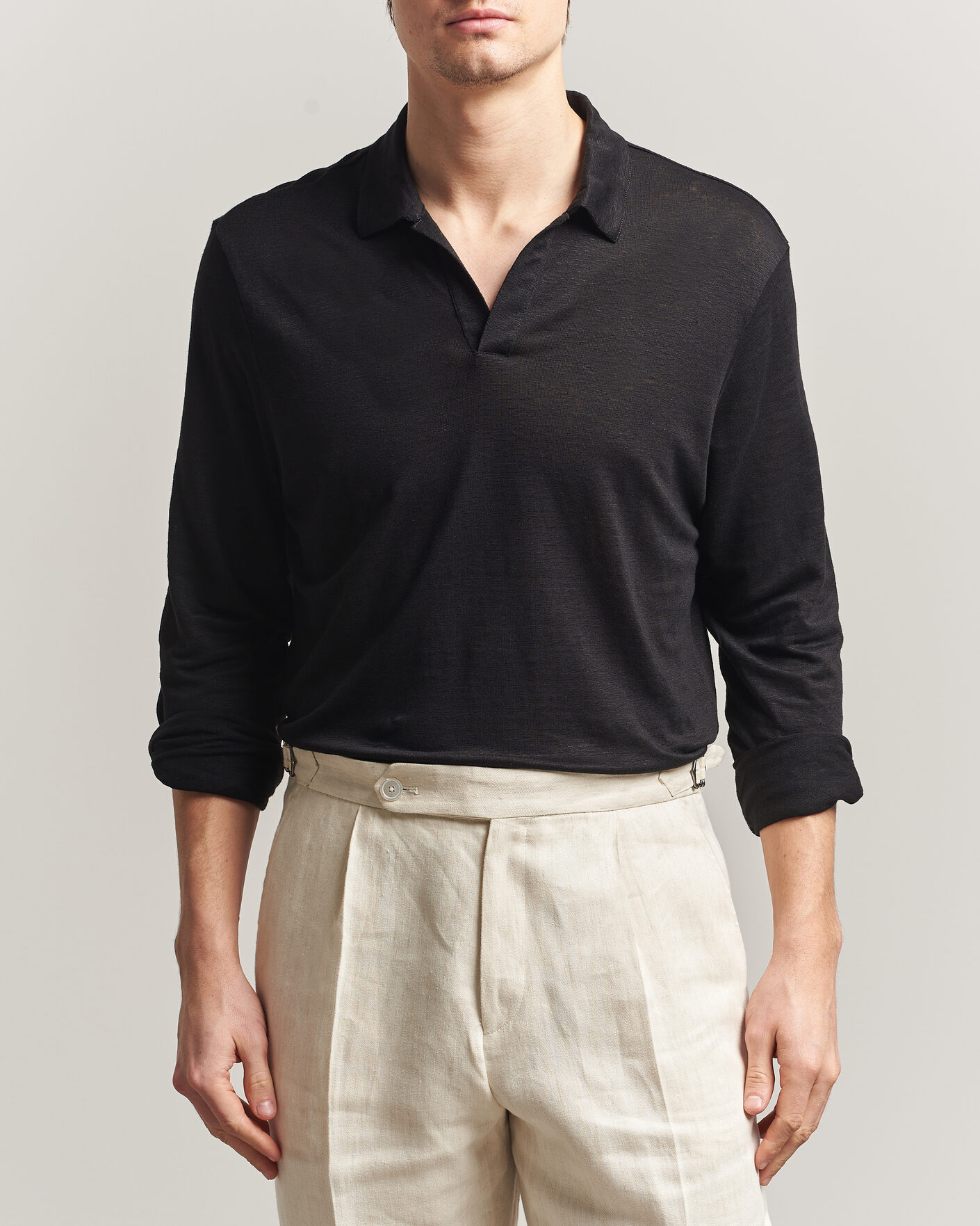 Uomini | Polo | Gran Sasso | Washed Linen Long Sleeve Polo Black