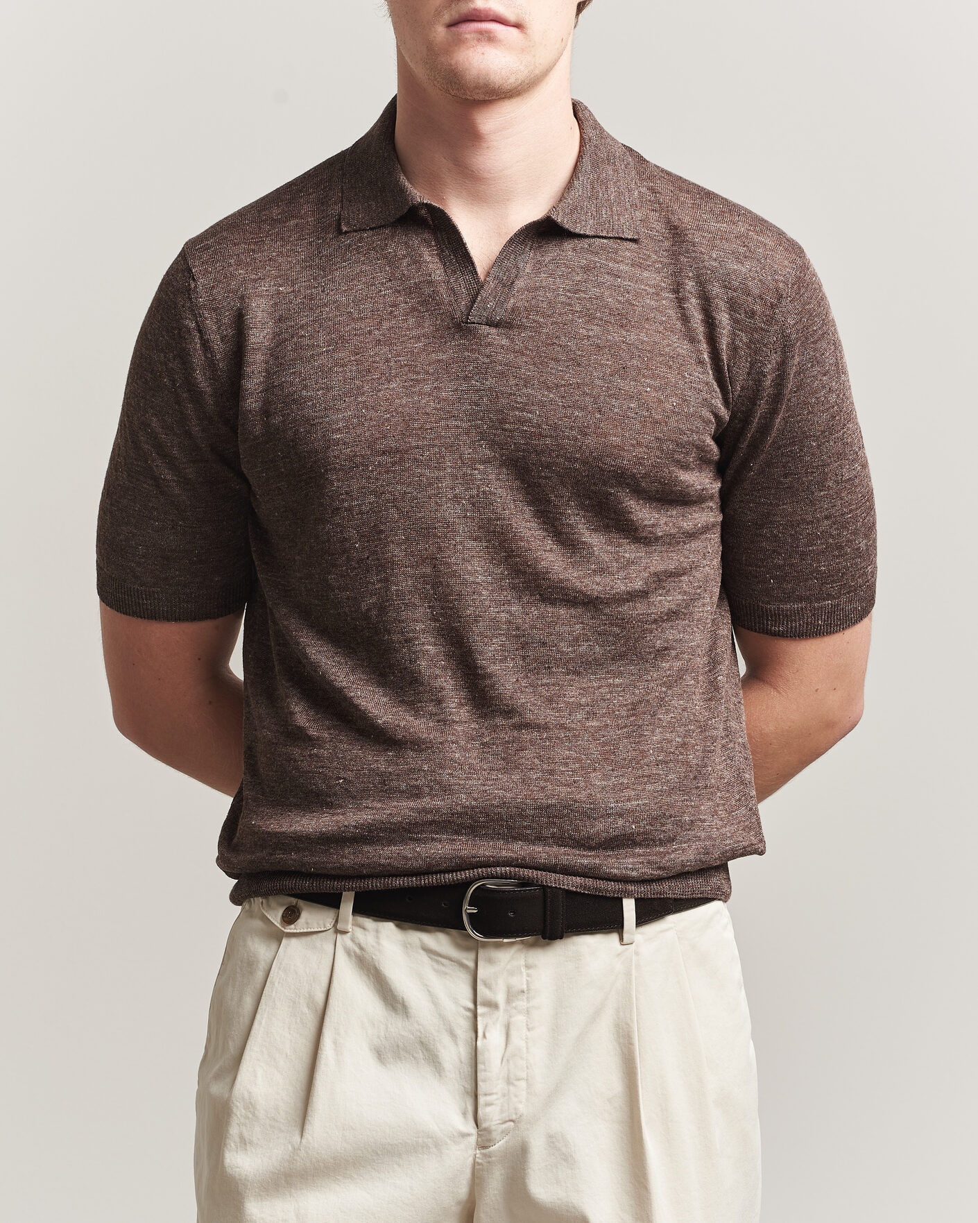 Uomini | Polo | Gran Sasso | Washed Knitted Linen Polo Brown Melange