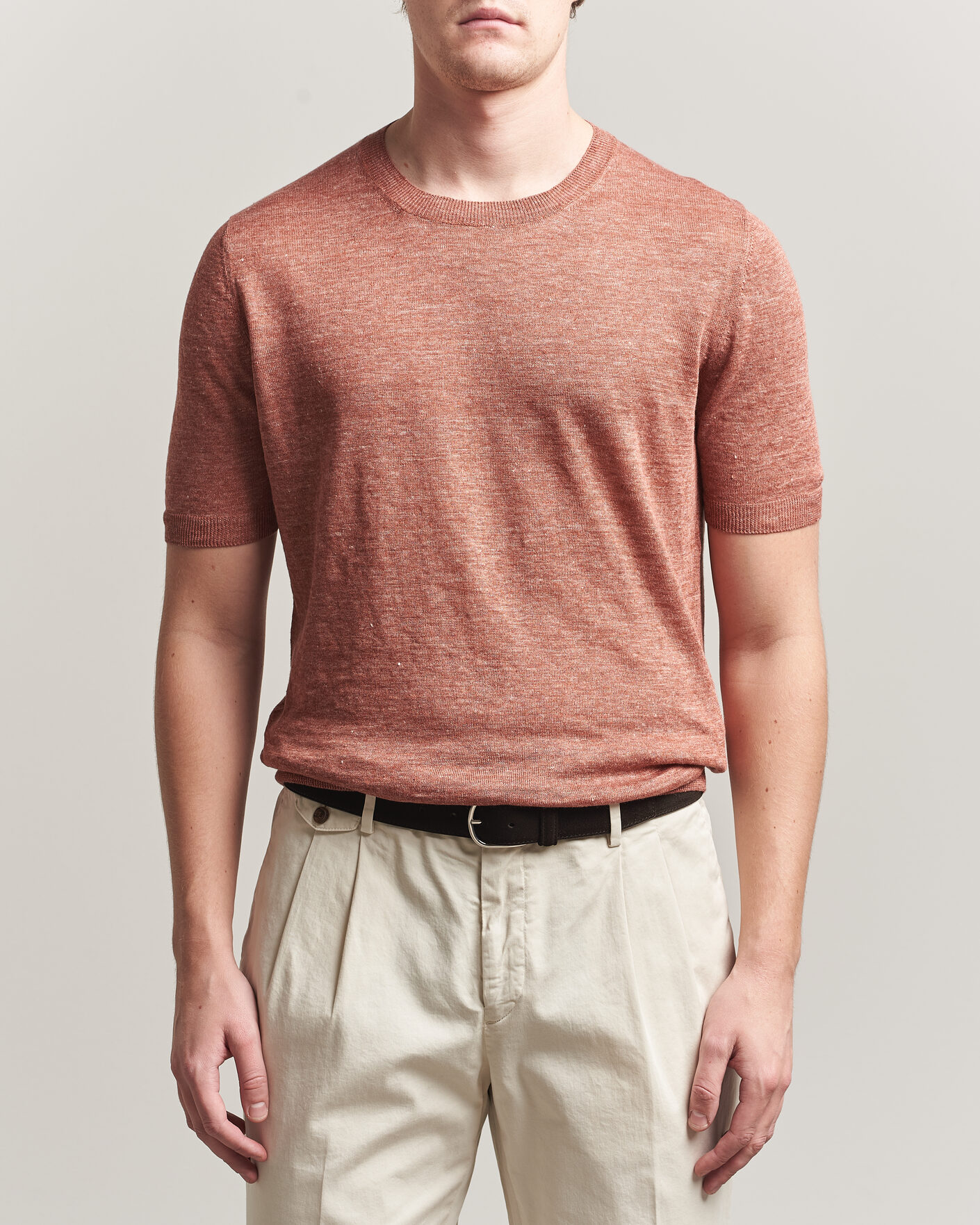 Uomini | T-shirt | Gran Sasso | Washed Knitted Linen T-Shirt Apricot Orange Melange