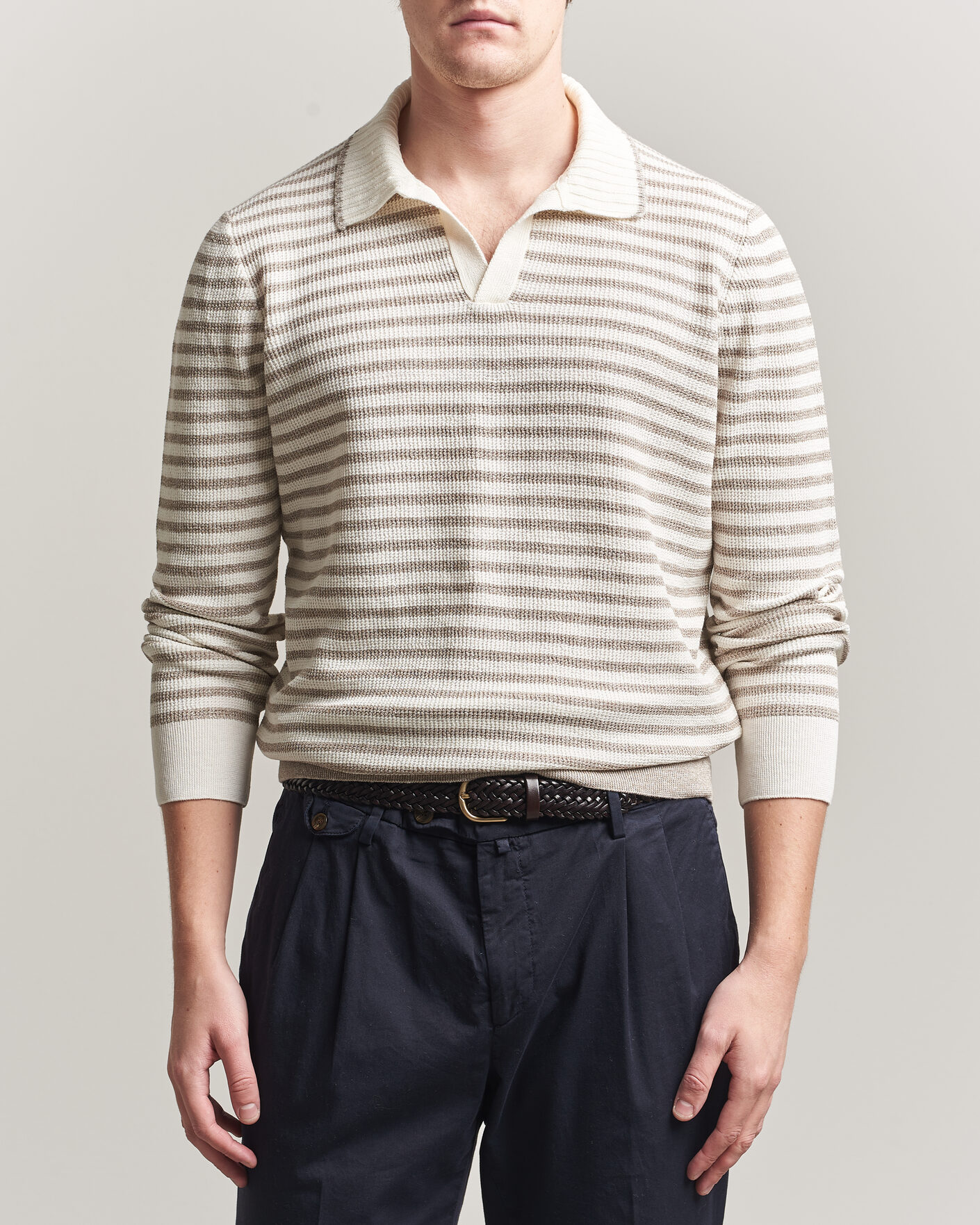 Uomini | Maglieria | Gran Sasso | Linen/Cotton Knitted Striped Polo Beige/White