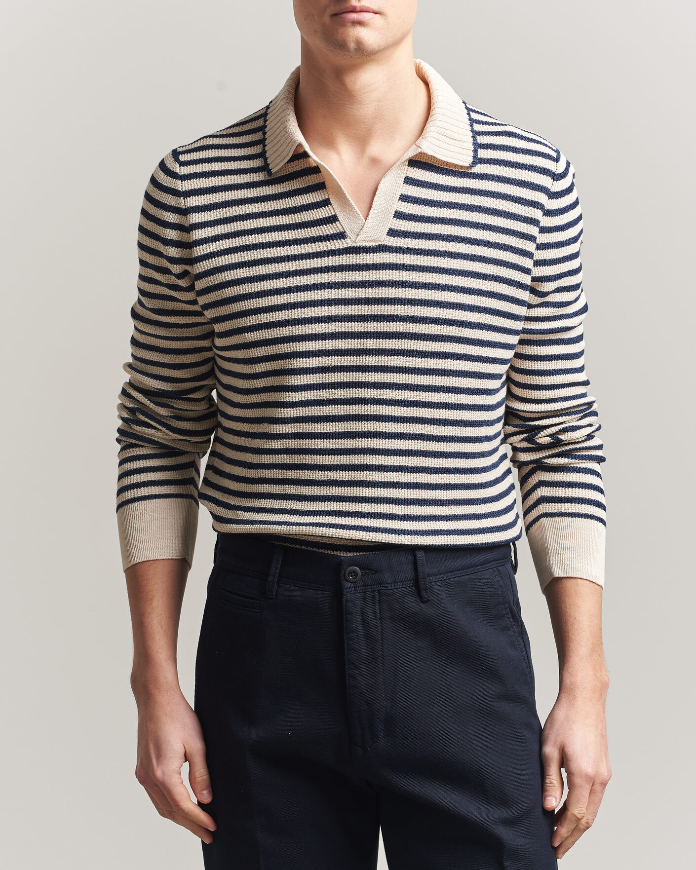 Uomini | Maglieria | Gran Sasso | Linen/Cotton Knitted Striped Polo Navy/White