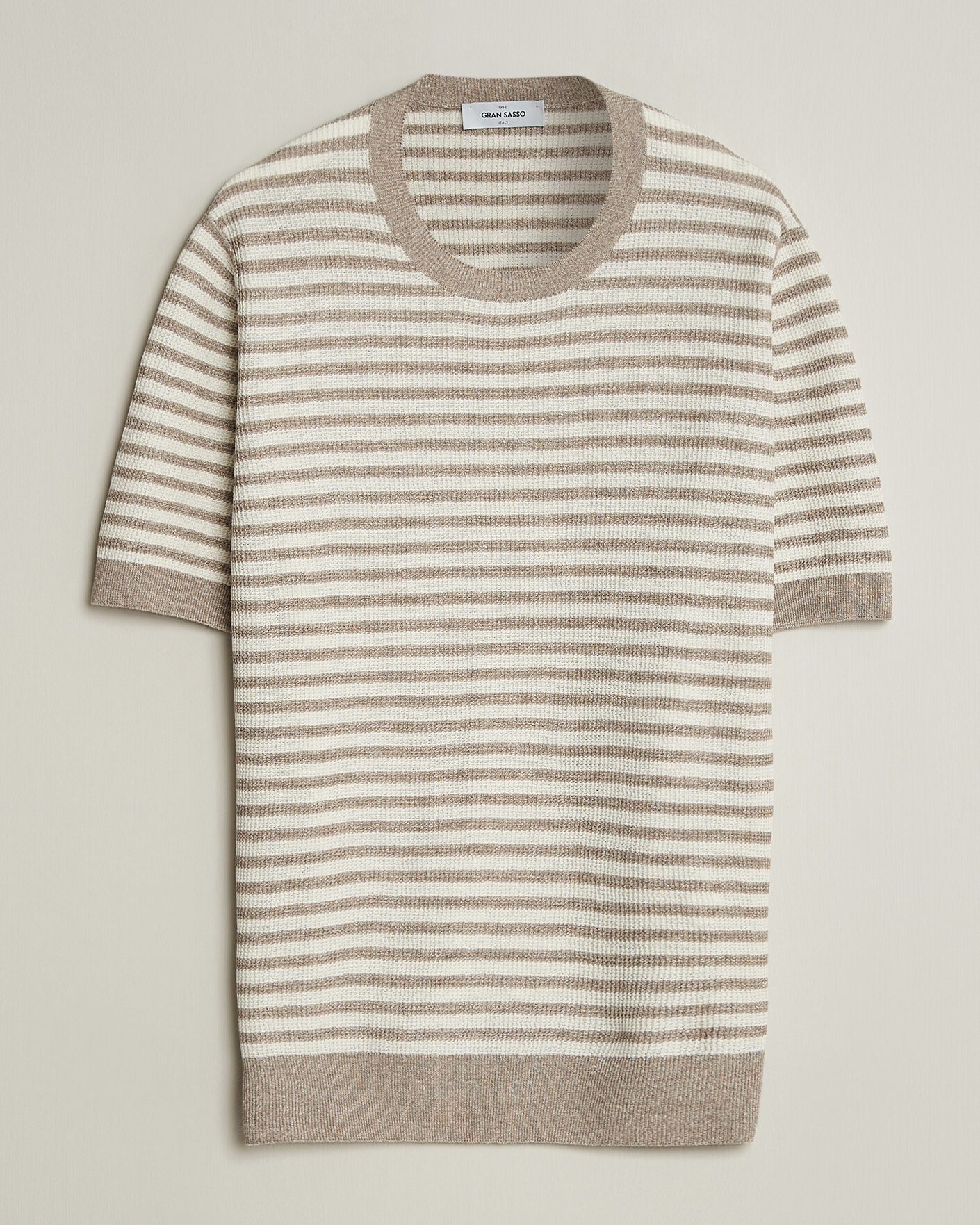 Uomini | T-shirt | Gran Sasso | Linen/Cotton Knitted Striped T-Shirt Beige/White