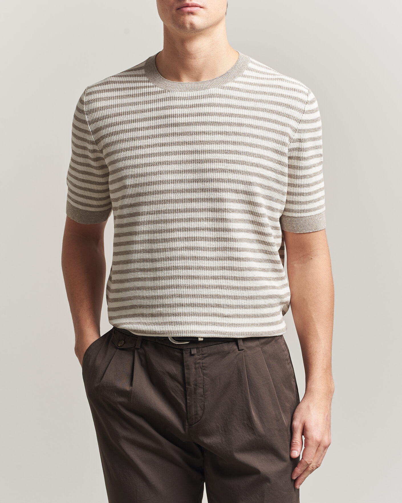 Uomini | T-shirt | Gran Sasso | Linen/Cotton Knitted Striped T-Shirt Beige/White