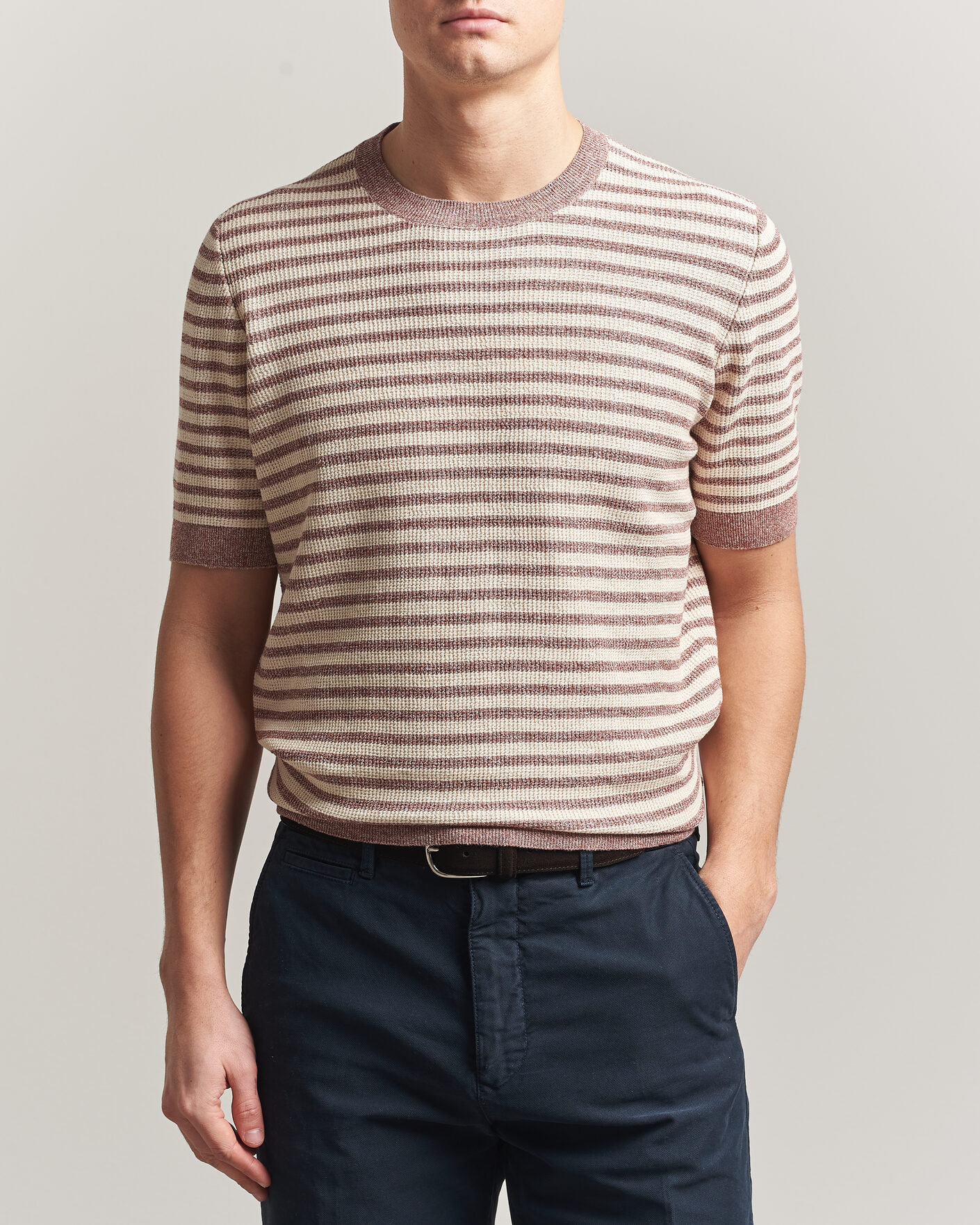 Uomini | T-shirt | Gran Sasso | Linen/Cotton Knitted Striped T-Shirt Red/White