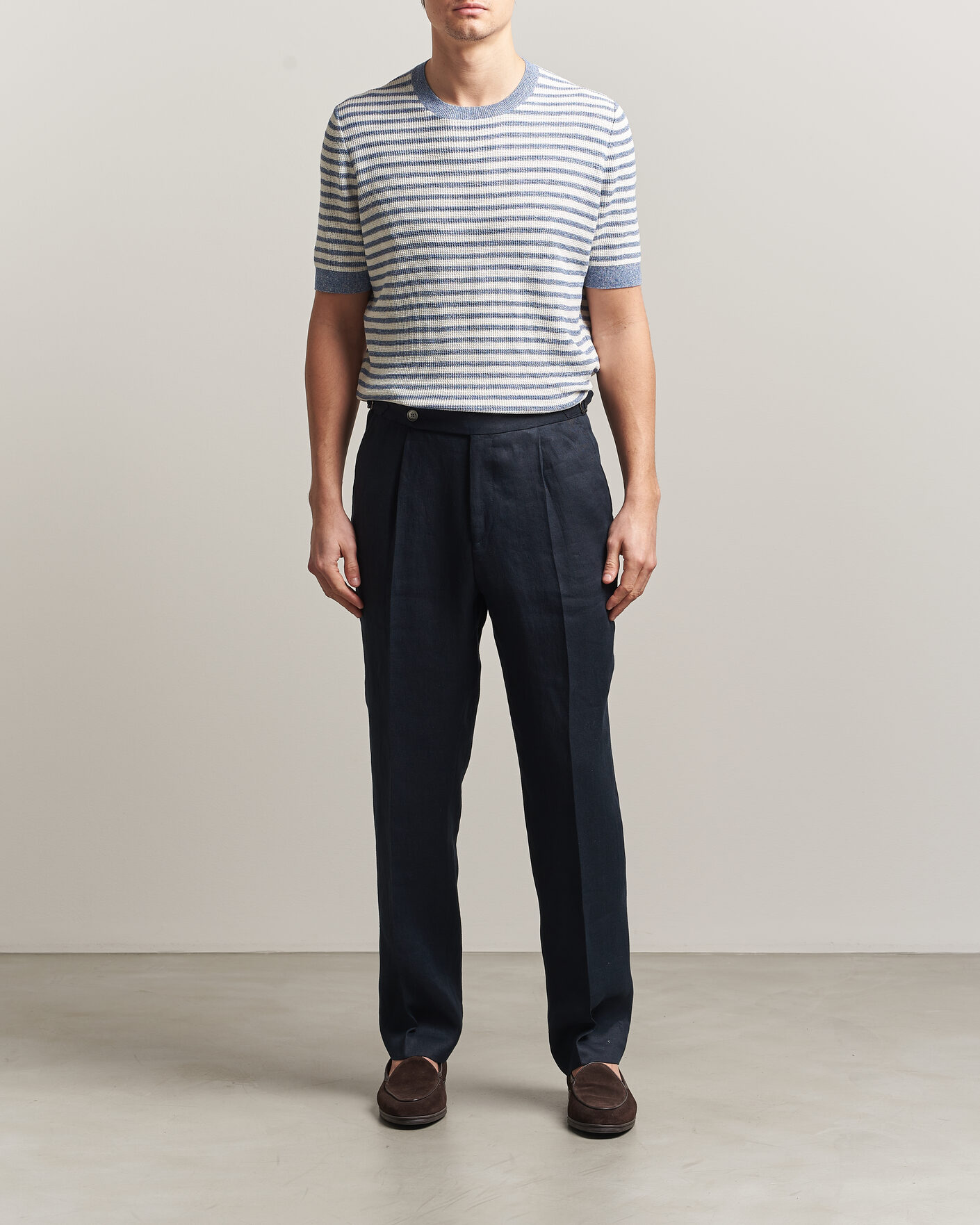 Uomini | T-shirt | Gran Sasso | Linen/Cotton Knitted Striped T-Shirt Blue/White