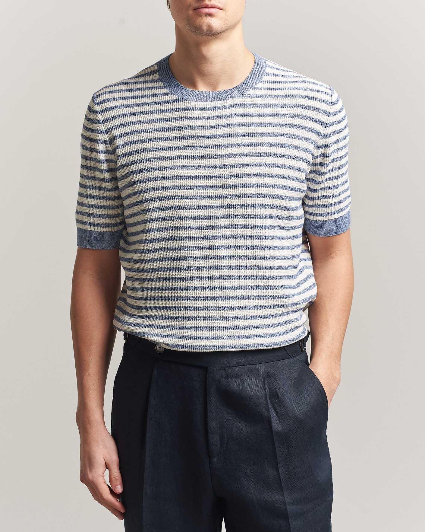 Uomini | T-shirt | Gran Sasso | Linen/Cotton Knitted Striped T-Shirt Blue/White