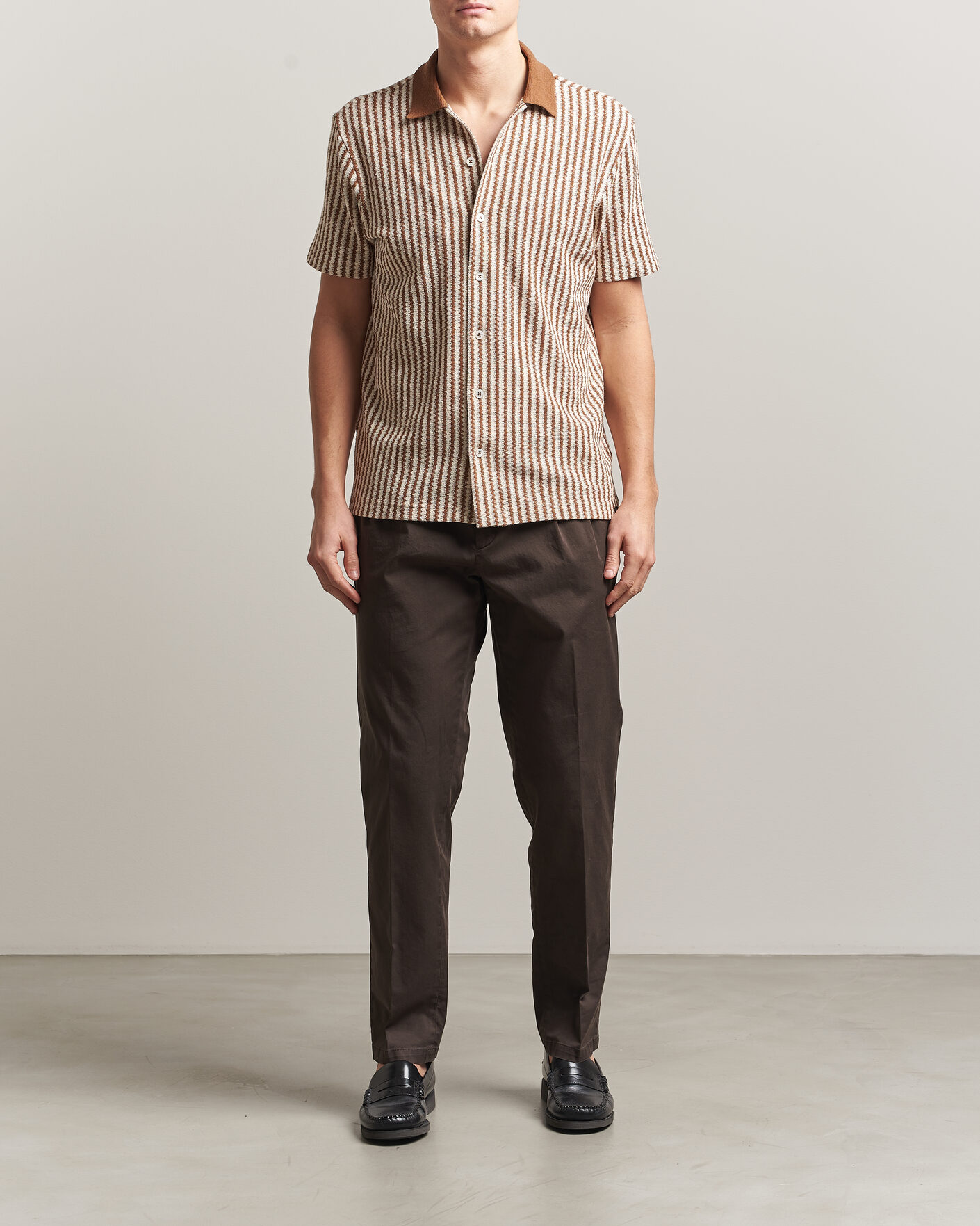 Uomini | Camicie | Gran Sasso | Cotton Knitted Striped Resort Shirt Brown/White