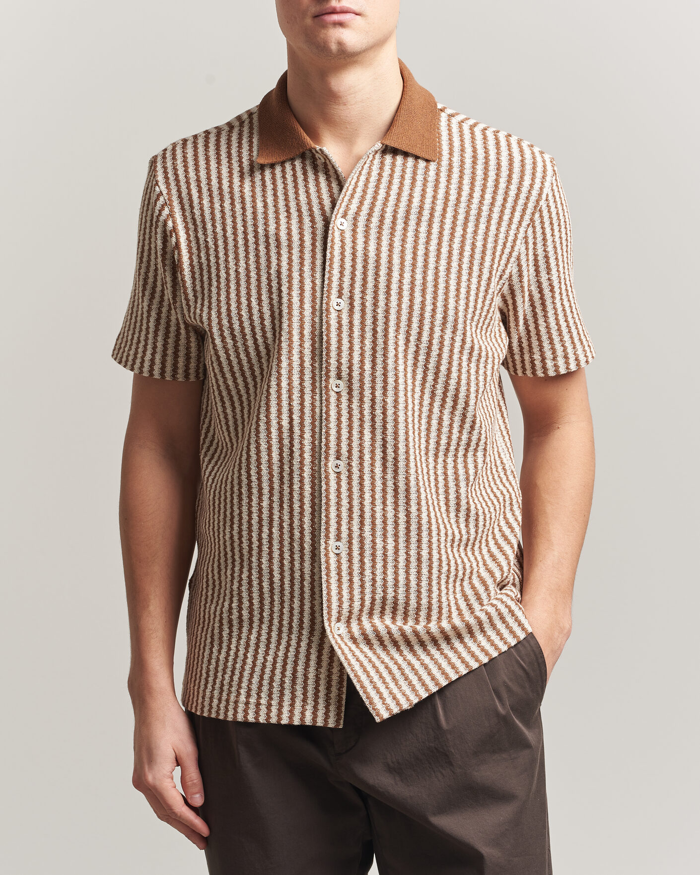Uomini | Camicie | Gran Sasso | Cotton Knitted Striped Resort Shirt Brown/White