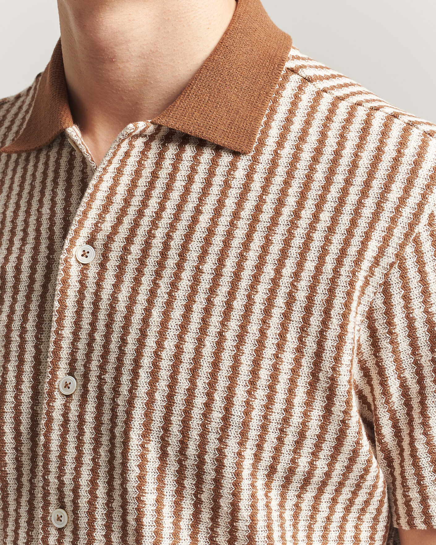 Uomini | Camicie | Gran Sasso | Cotton Knitted Striped Resort Shirt Brown/White