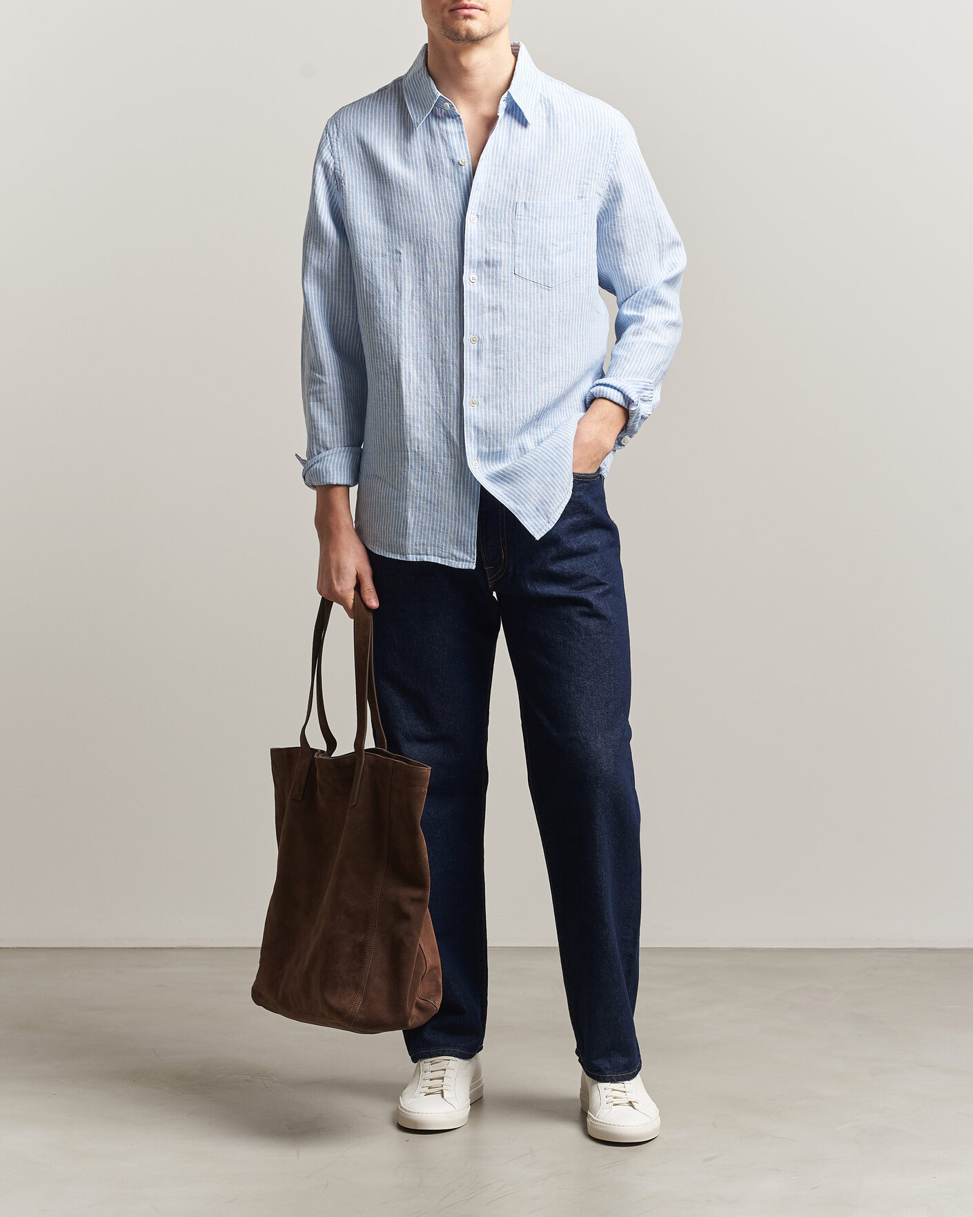Uomini | Camicie | A Day's March | Daintree Striped Linen Shirt Light Blue/White