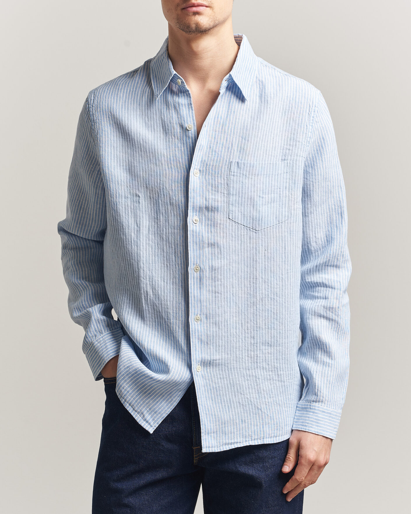 Uomini | Camicie | A Day's March | Daintree Striped Linen Shirt Light Blue/White