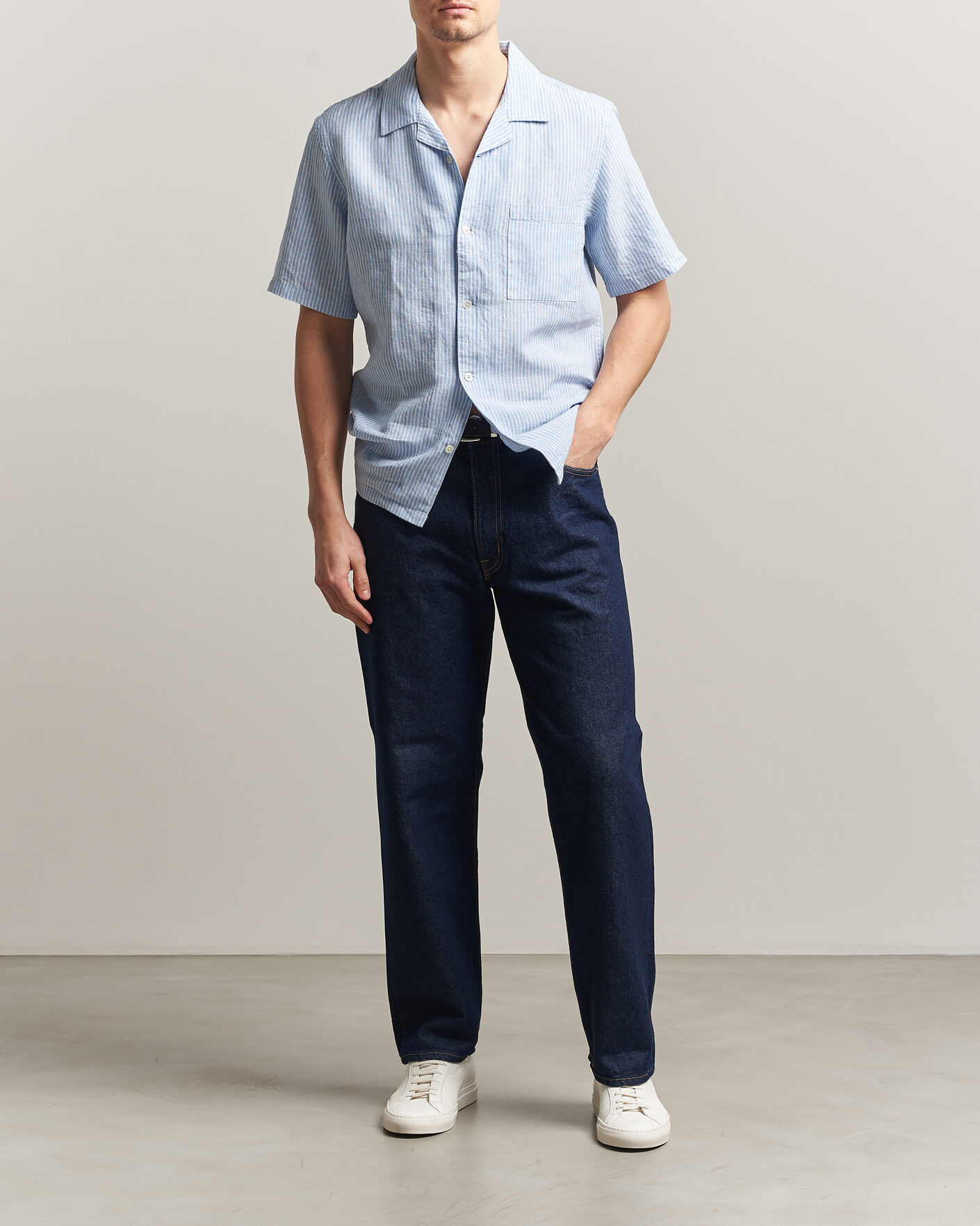Uomini | Camicie | A Day's March | Yamu Striped Linen Short Sleeve Shirt Light Blue