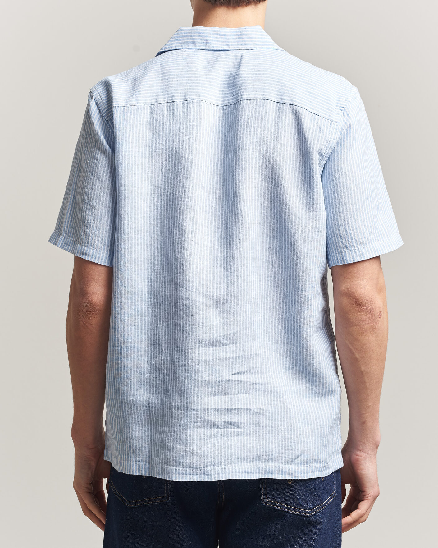 Uomini | Camicie | A Day's March | Yamu Striped Linen Short Sleeve Shirt Light Blue