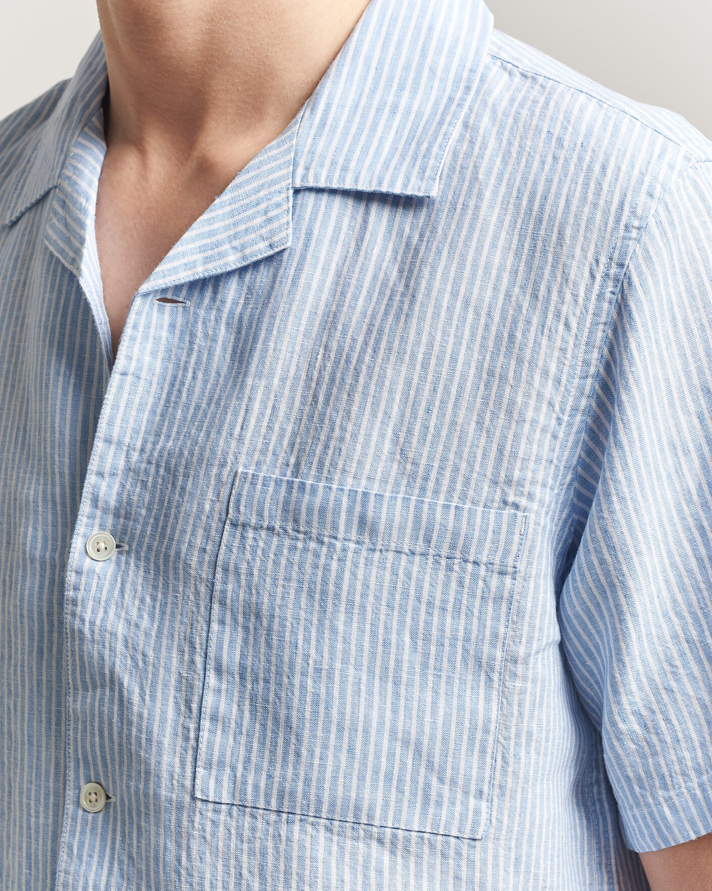 Uomini | Camicie | A Day's March | Yamu Striped Linen Short Sleeve Shirt Light Blue