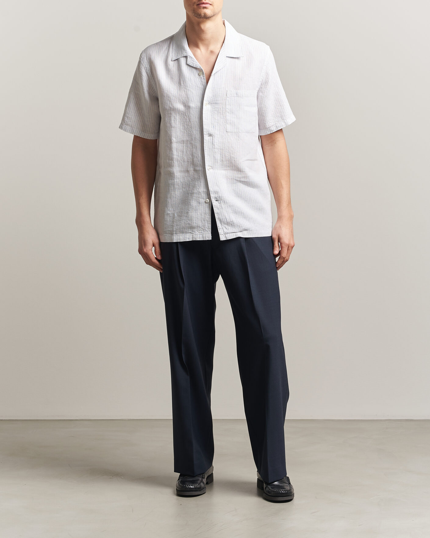 Uomini | Camicie | A Day's March | Yamu Striped Linen Short Sleeve Shirt White