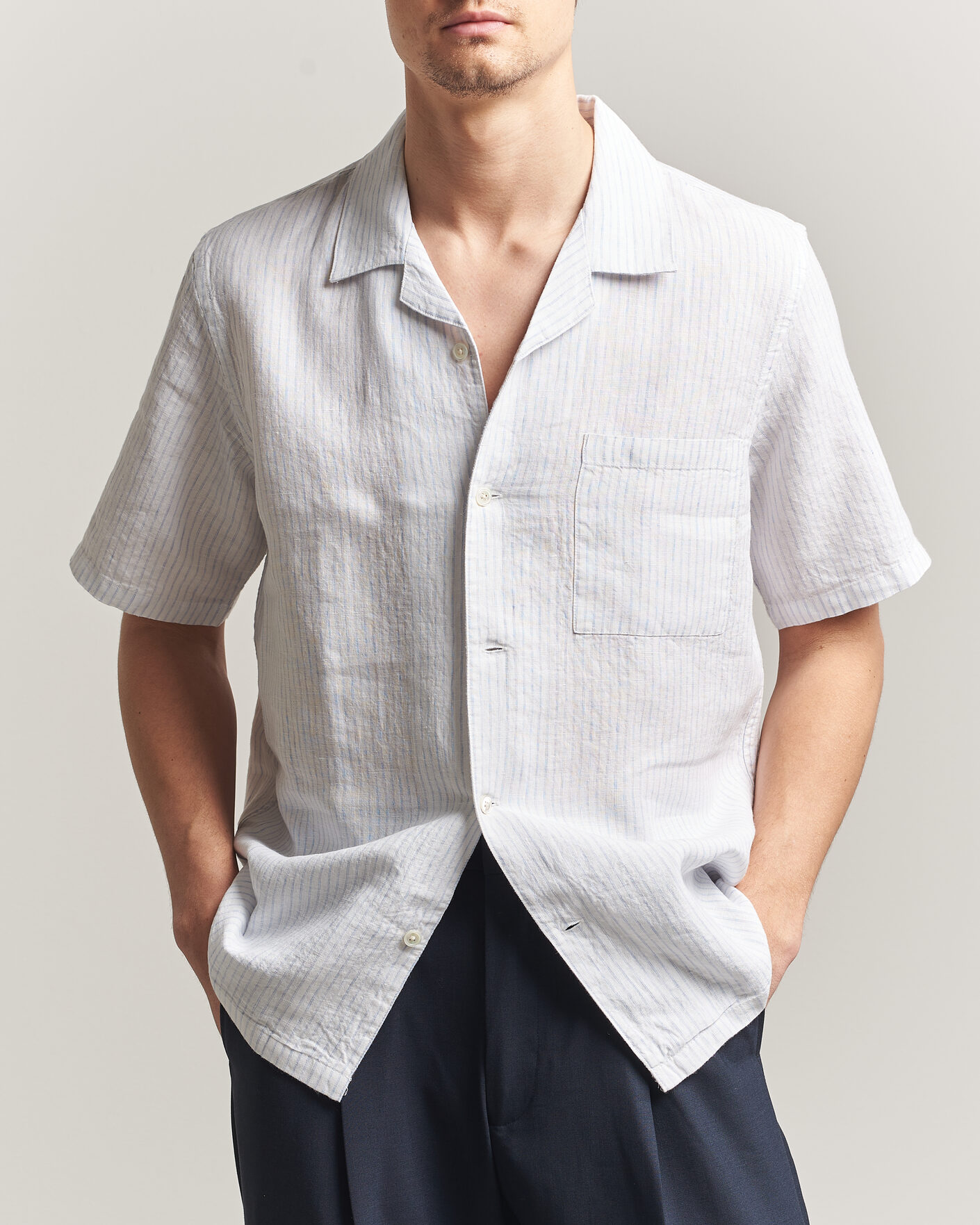 Uomini | Camicie | A Day's March | Yamu Striped Linen Short Sleeve Shirt White