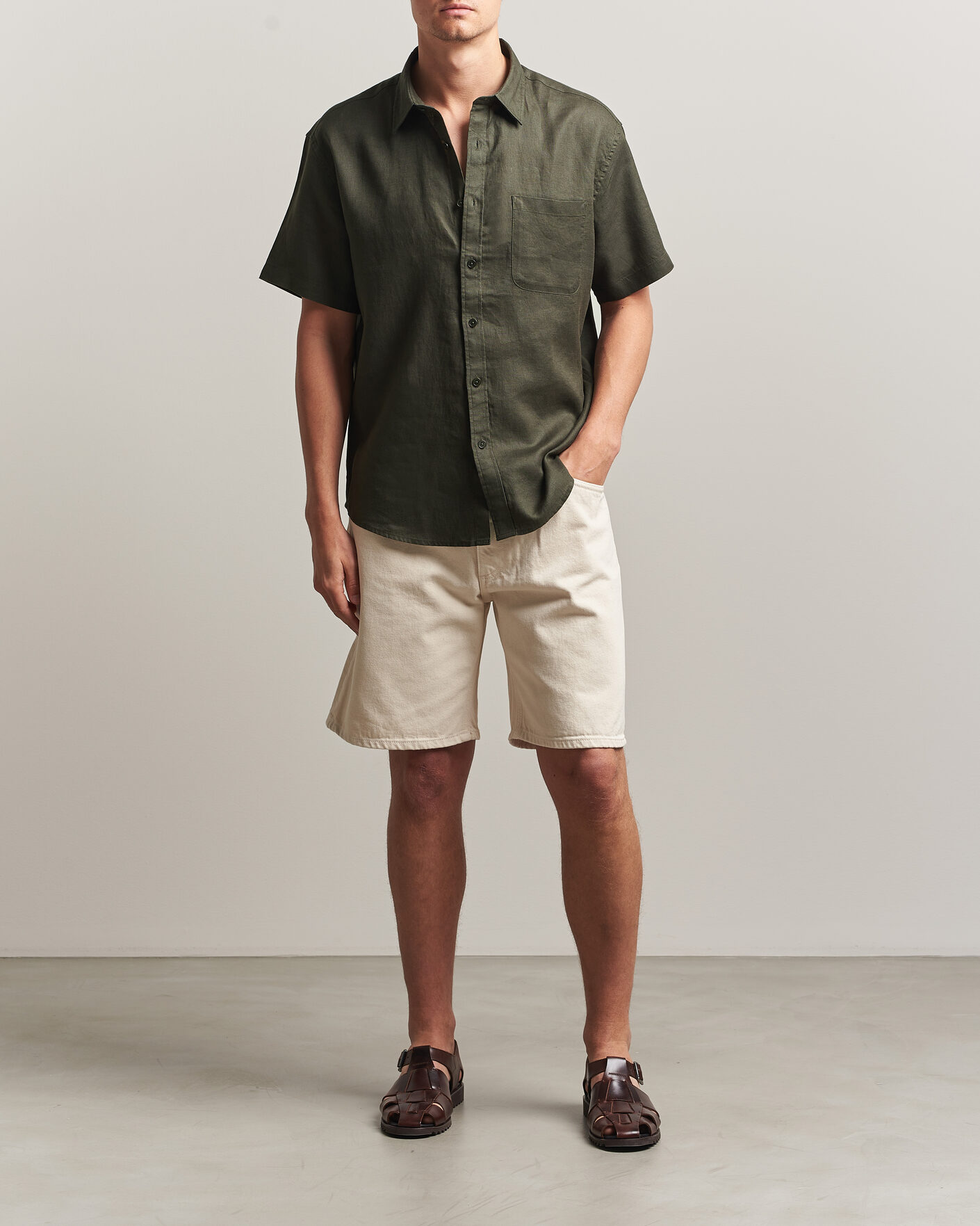 Uomini | Camicie | NN07 | Deon Linen Short Sleeve Shirt Dark Army
