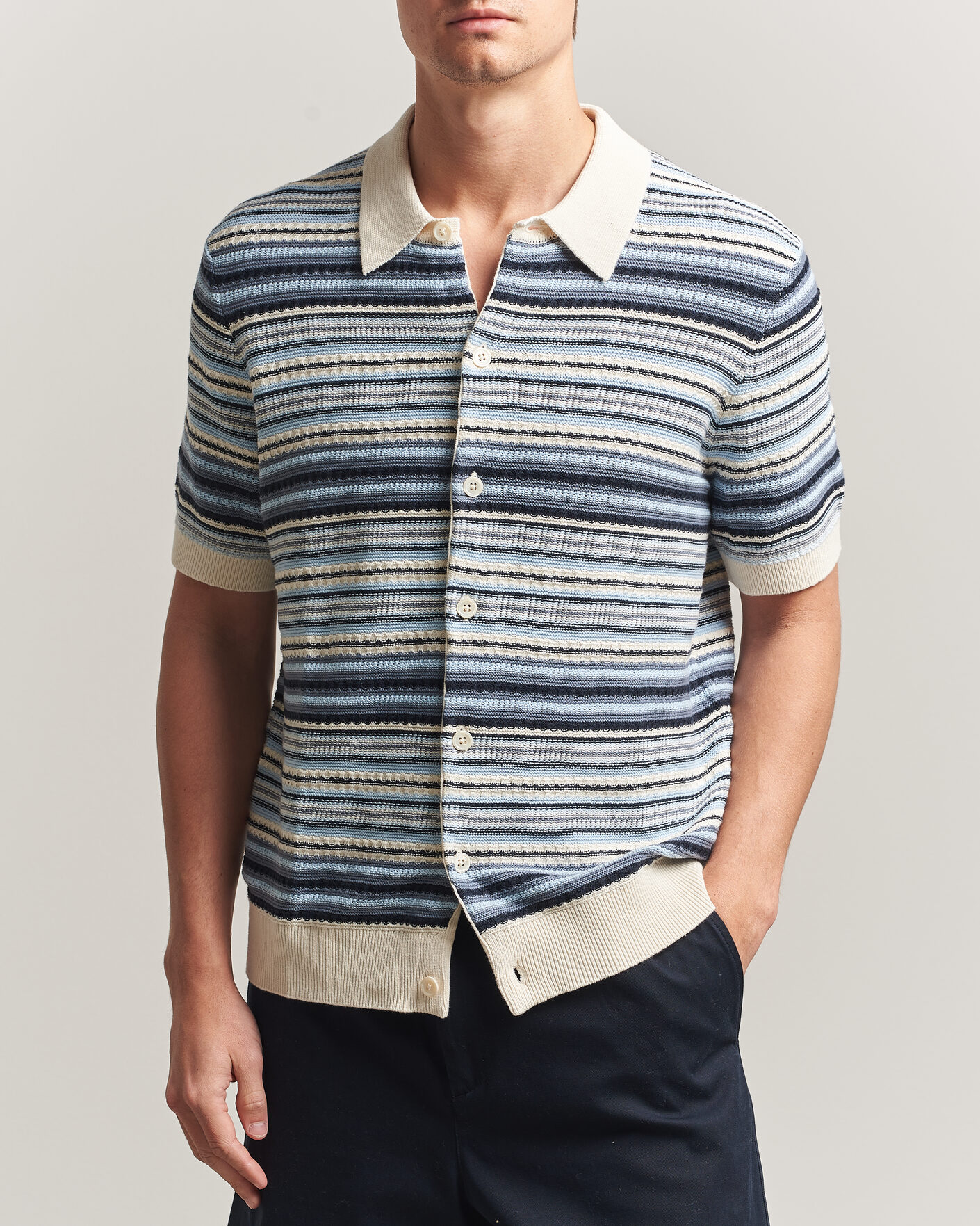Uomini | Camicie | NN07 | Nolan Striped Knitted Short Sleeve Shirt Navy Multi