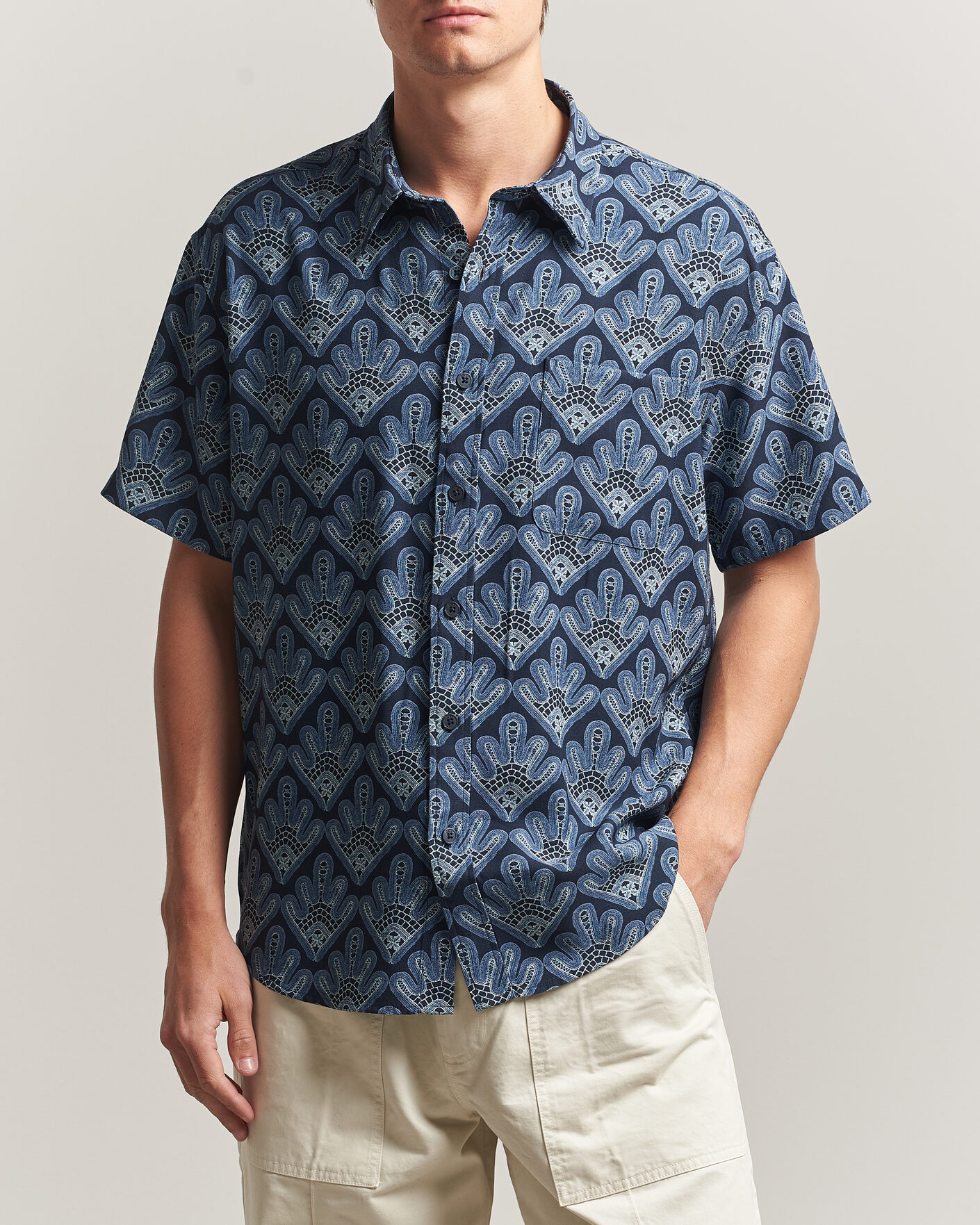 Uomini | Camicie | NN07 | Deon Printed Short Sleeve Shirt Navy Blue