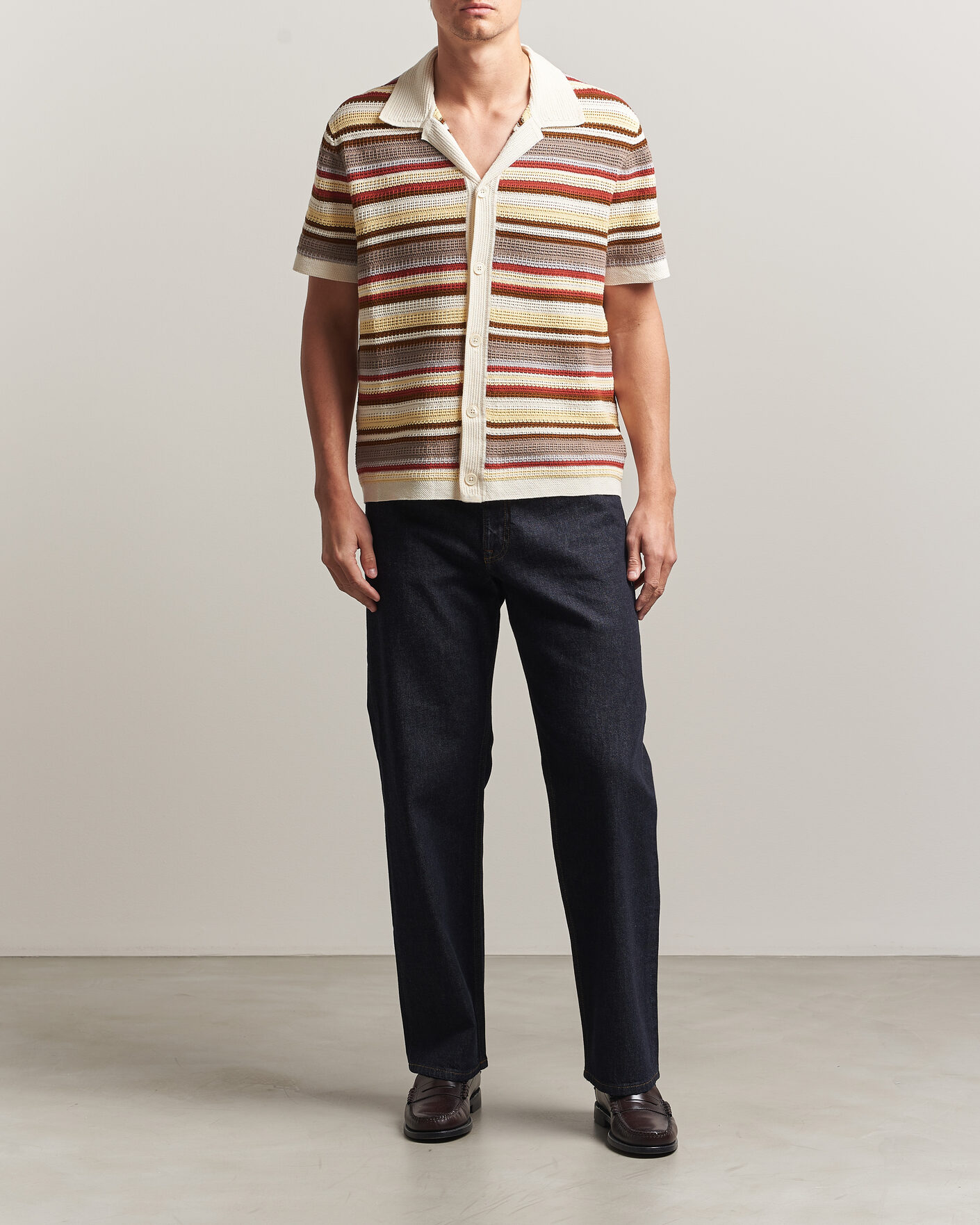Uomini | Camicie | NN07 | Lars Striped Knitted Short Sleeve Shirt Ivory Multi