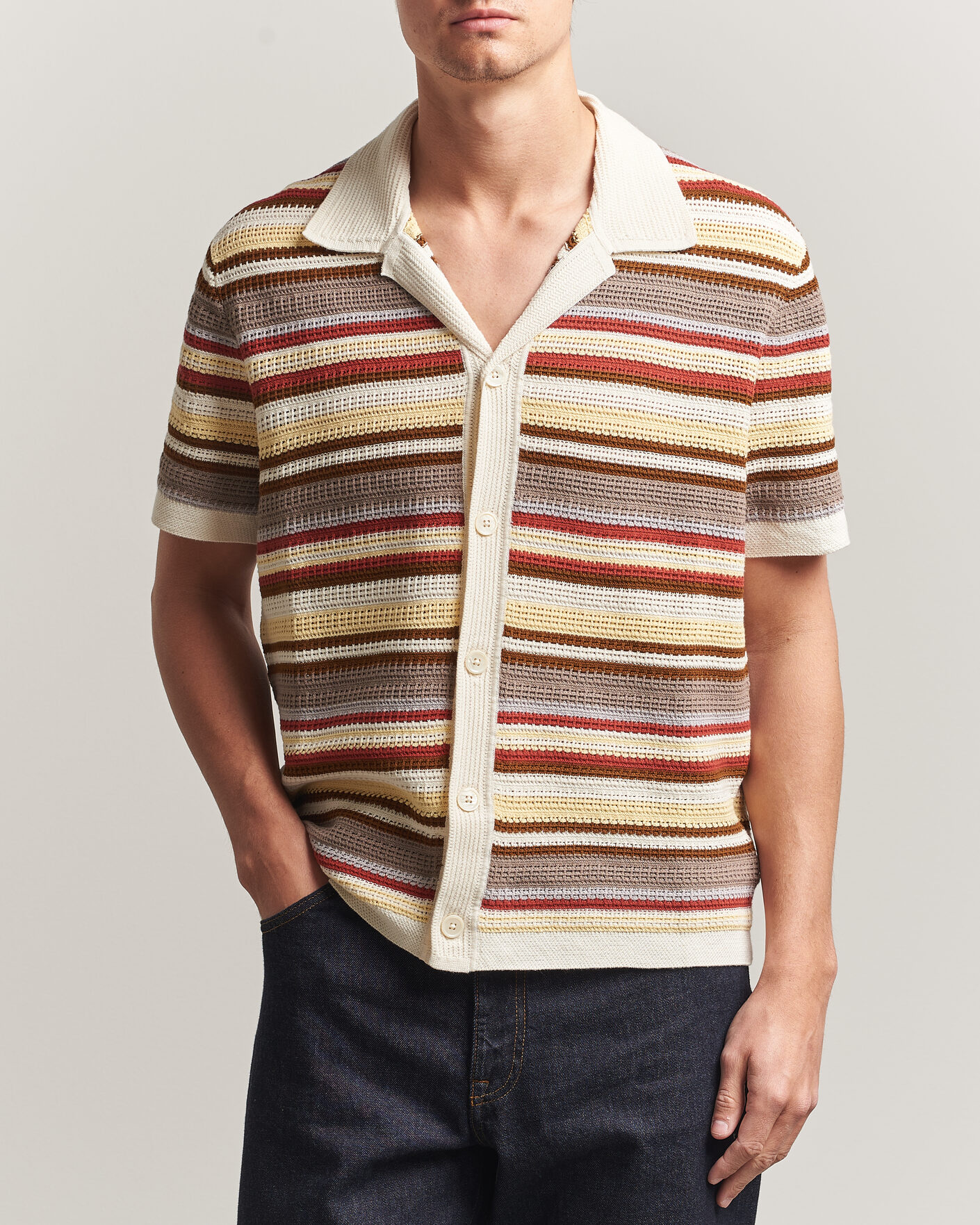 Uomini | Camicie | NN07 | Lars Striped Knitted Short Sleeve Shirt Ivory Multi