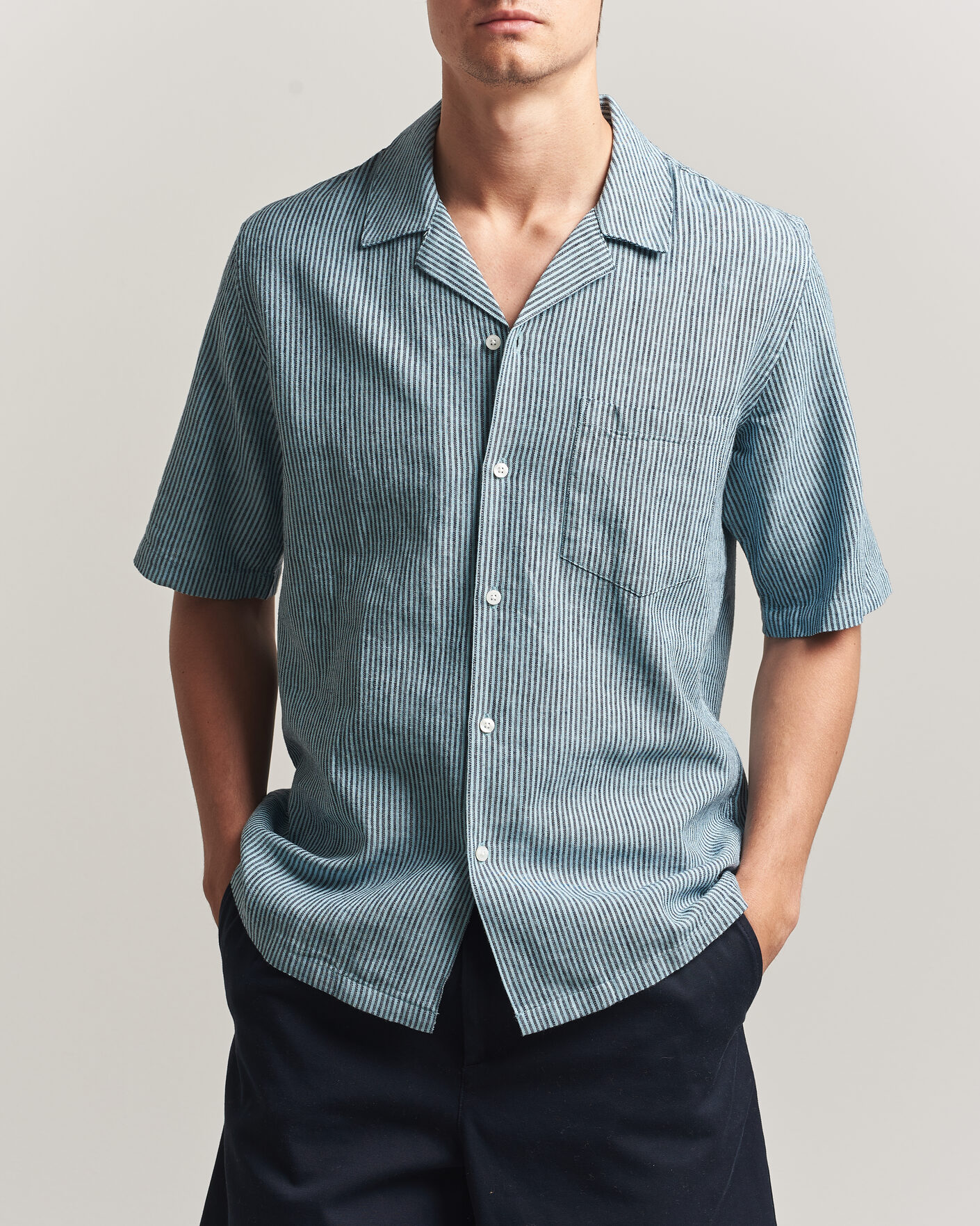 Uomini | Camicie | Samsøe Samsøe | Oscar Linen/Cotton Striped Short Sleeve Shirt Tourmaline