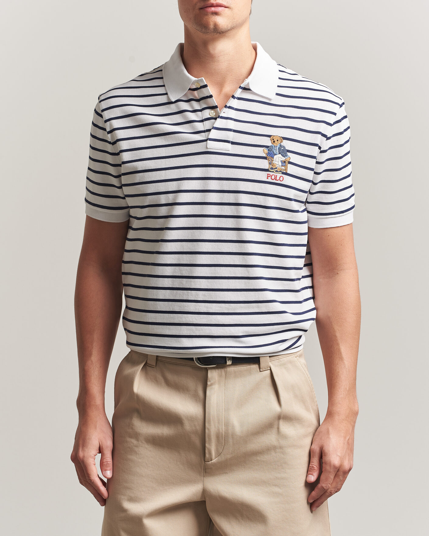 Uomini | Polo | Polo Ralph Lauren | Newport Bear Striped Custom Slim Polo White/Navy