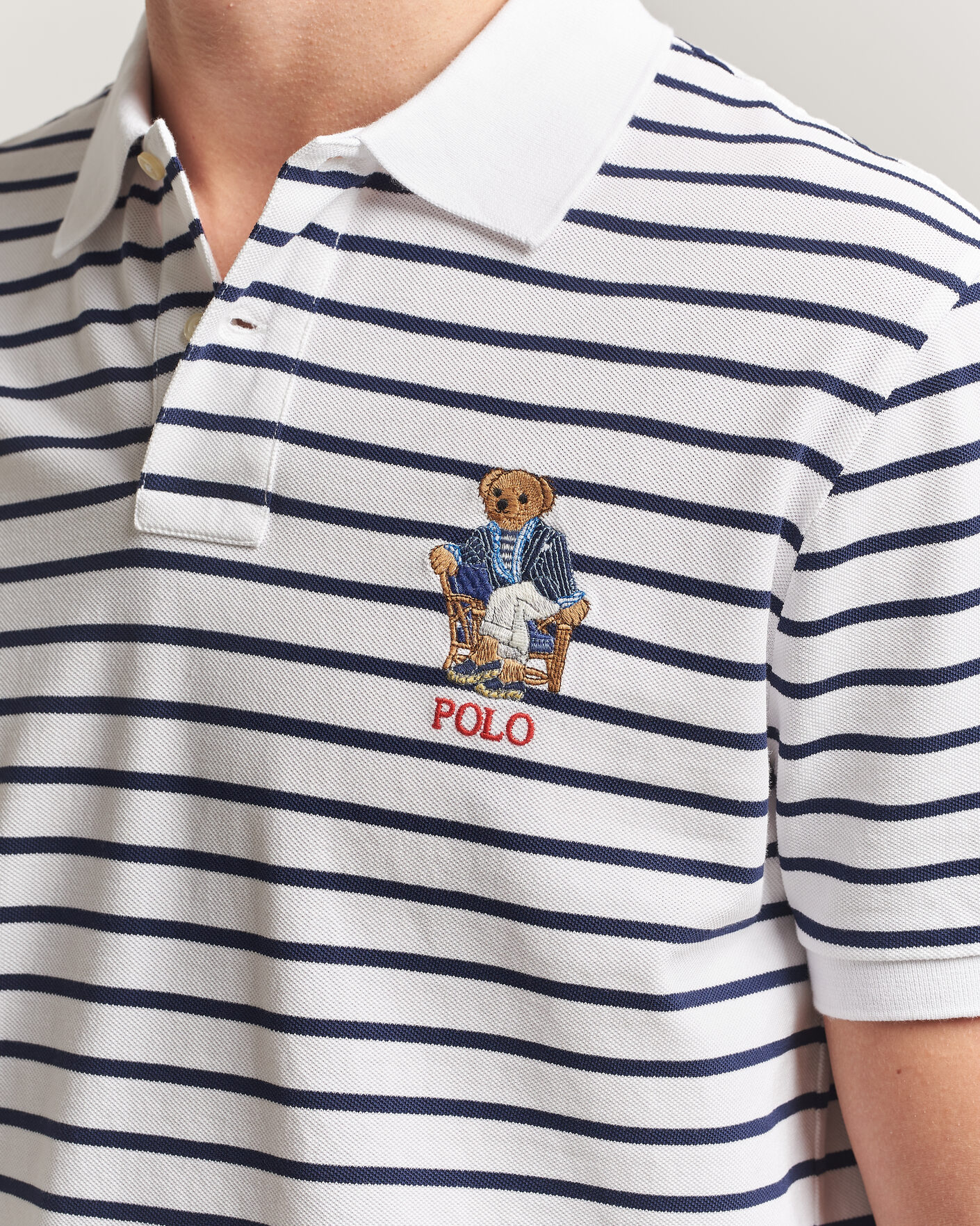 Uomini | Polo | Polo Ralph Lauren | Newport Bear Striped Custom Slim Polo White/Navy