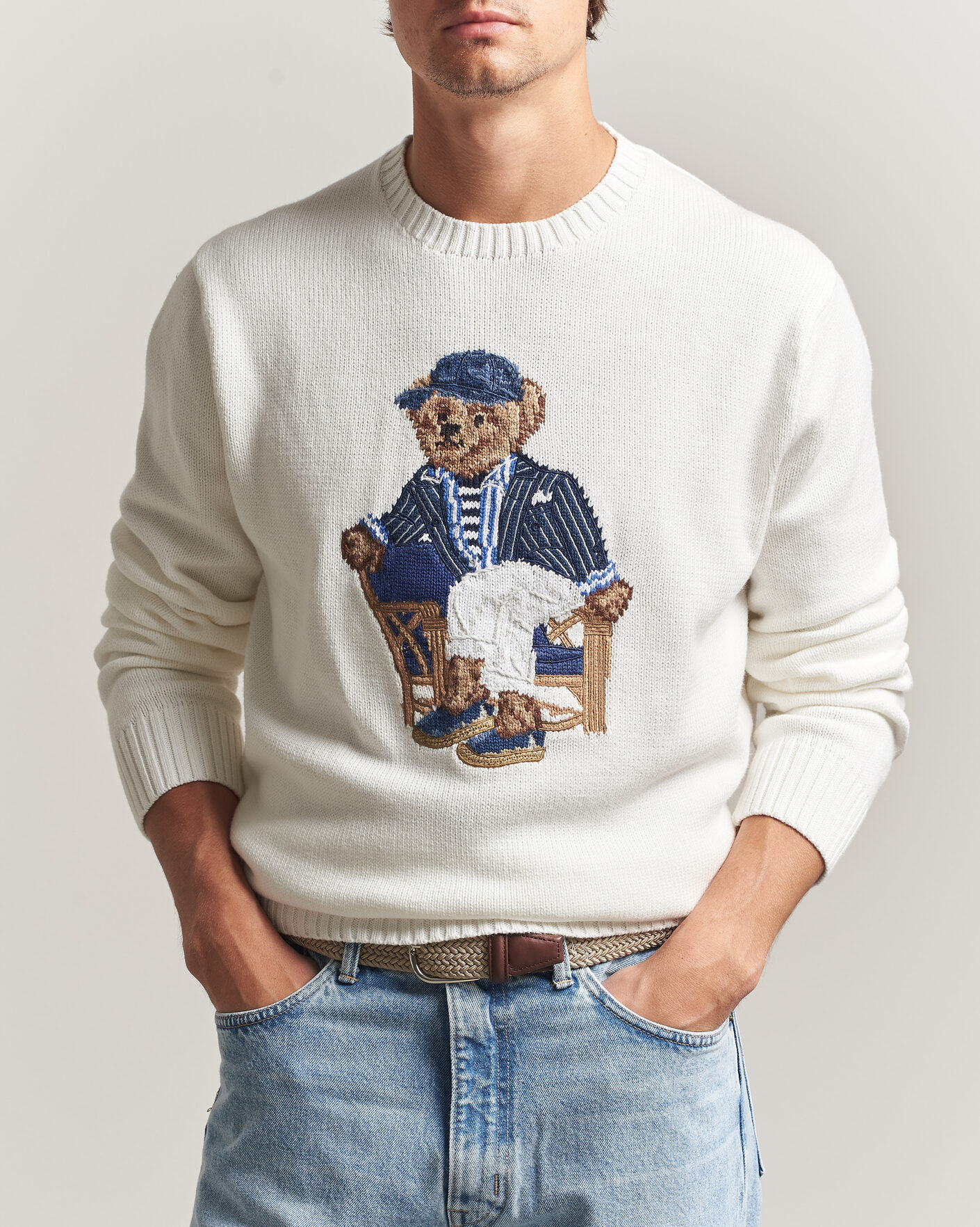 Uomini | Maglieria | Polo Ralph Lauren | Newport Bear Cotton/Linen Sweater Deckwash White