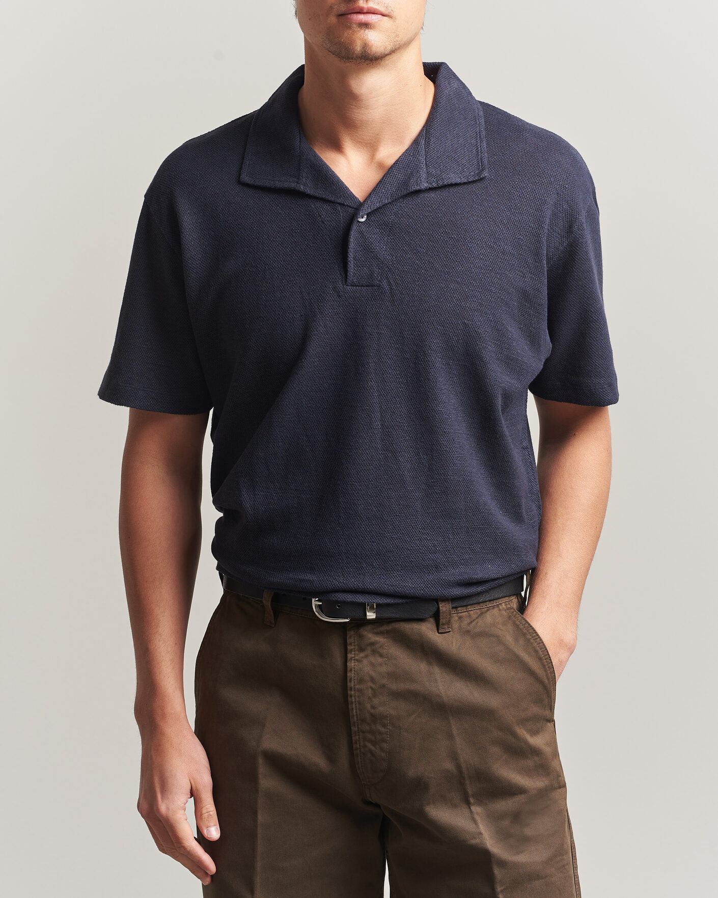 Uomini | Polo | Sunspel | Cotton/Linen Pique Polo Navy
