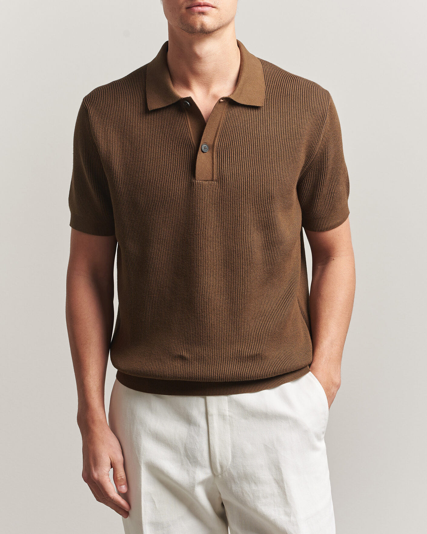 Uomini | Polo | Sunspel | Knitted Cotton Rib Polo Bronze