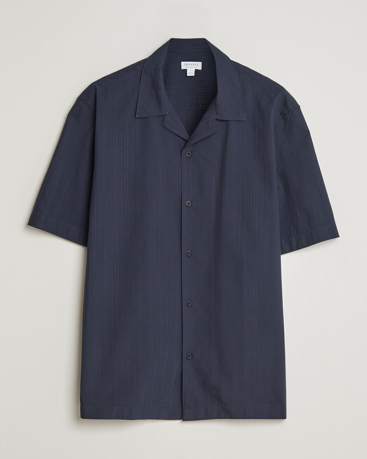 Uomini | Camicie | Sunspel | Short Sleeve Textured Stripe Shirt Navy