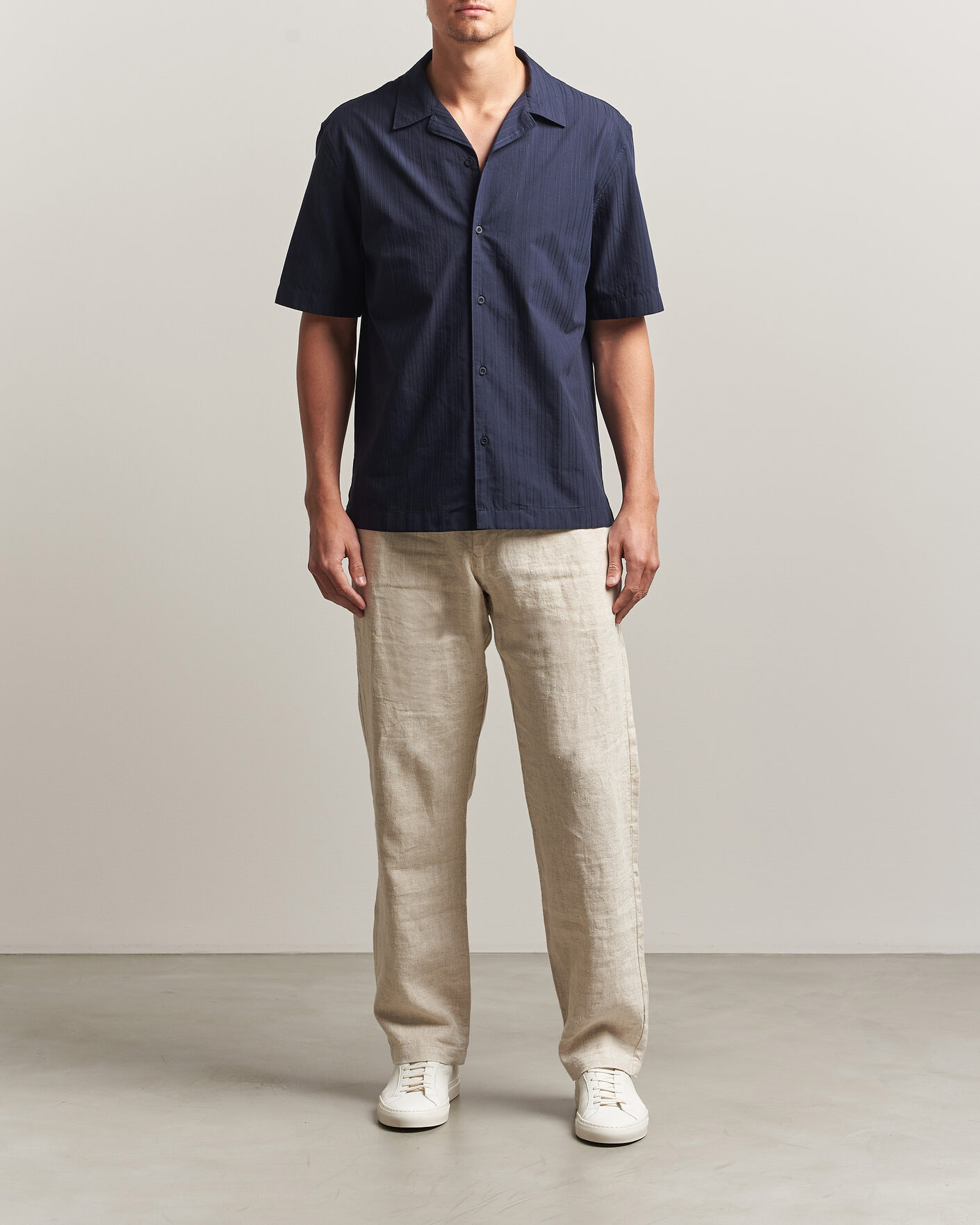 Uomini | Camicie | Sunspel | Short Sleeve Textured Stripe Shirt Navy