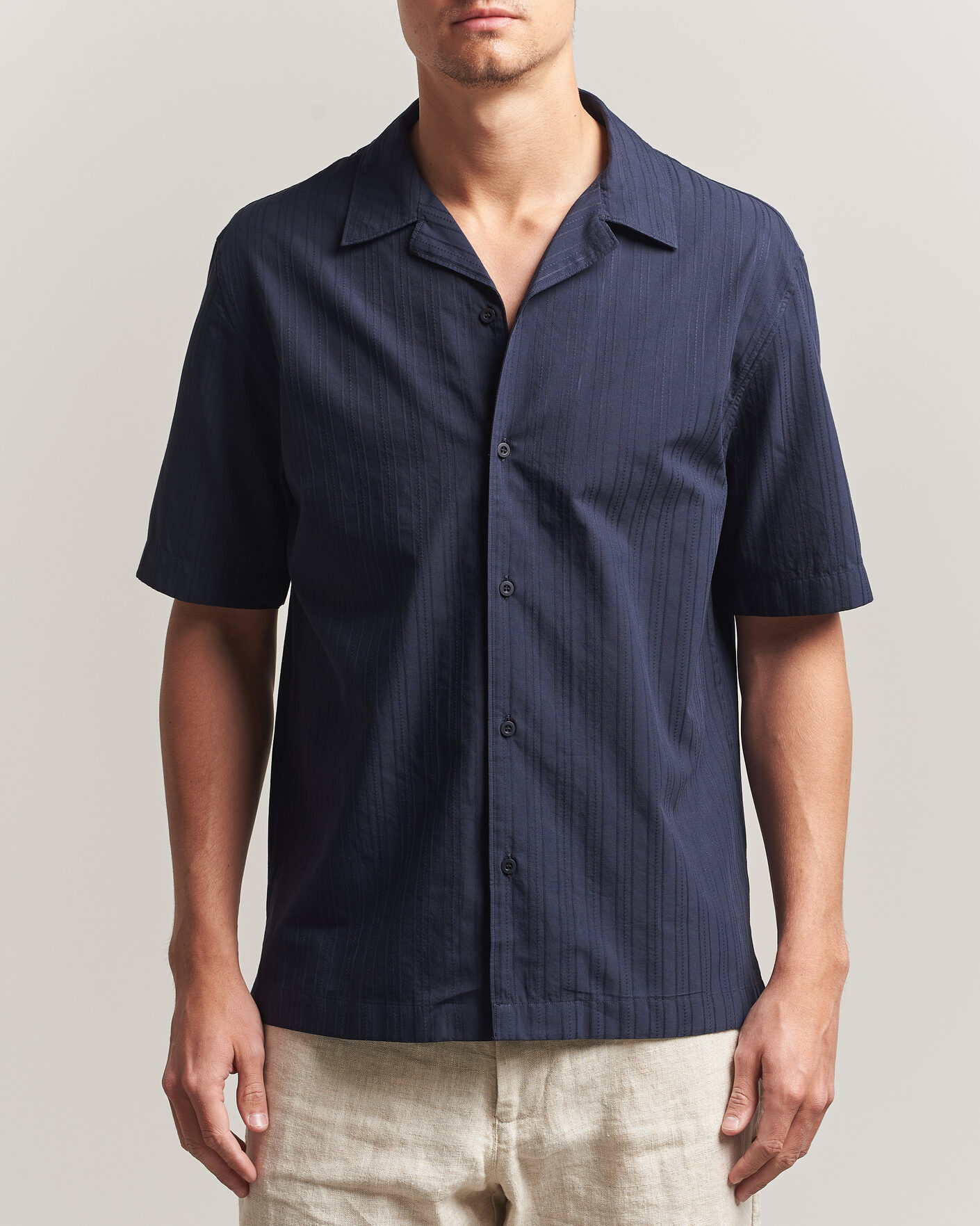 Uomini | Camicie | Sunspel | Short Sleeve Textured Stripe Shirt Navy