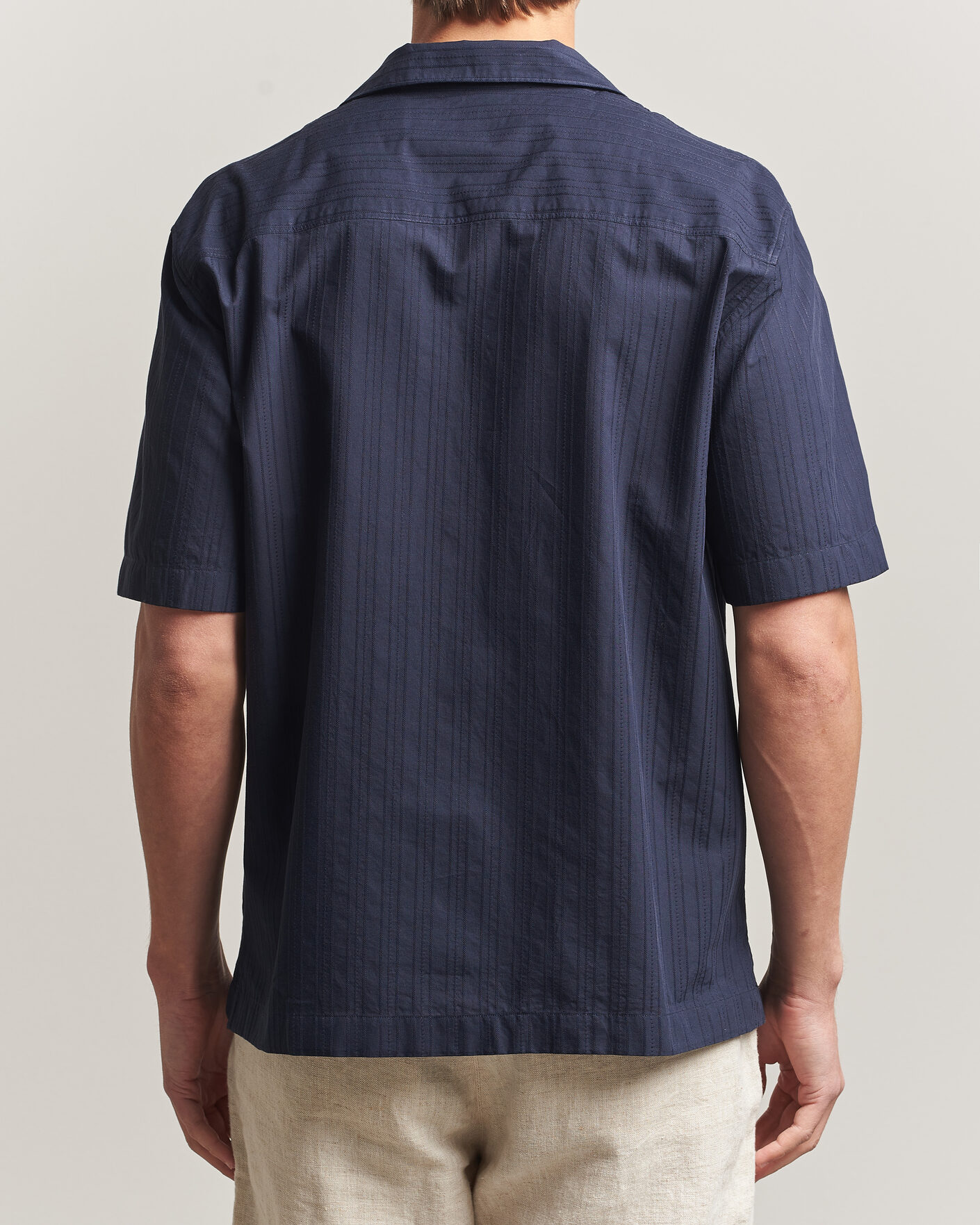 Uomini | Camicie | Sunspel | Short Sleeve Textured Stripe Shirt Navy