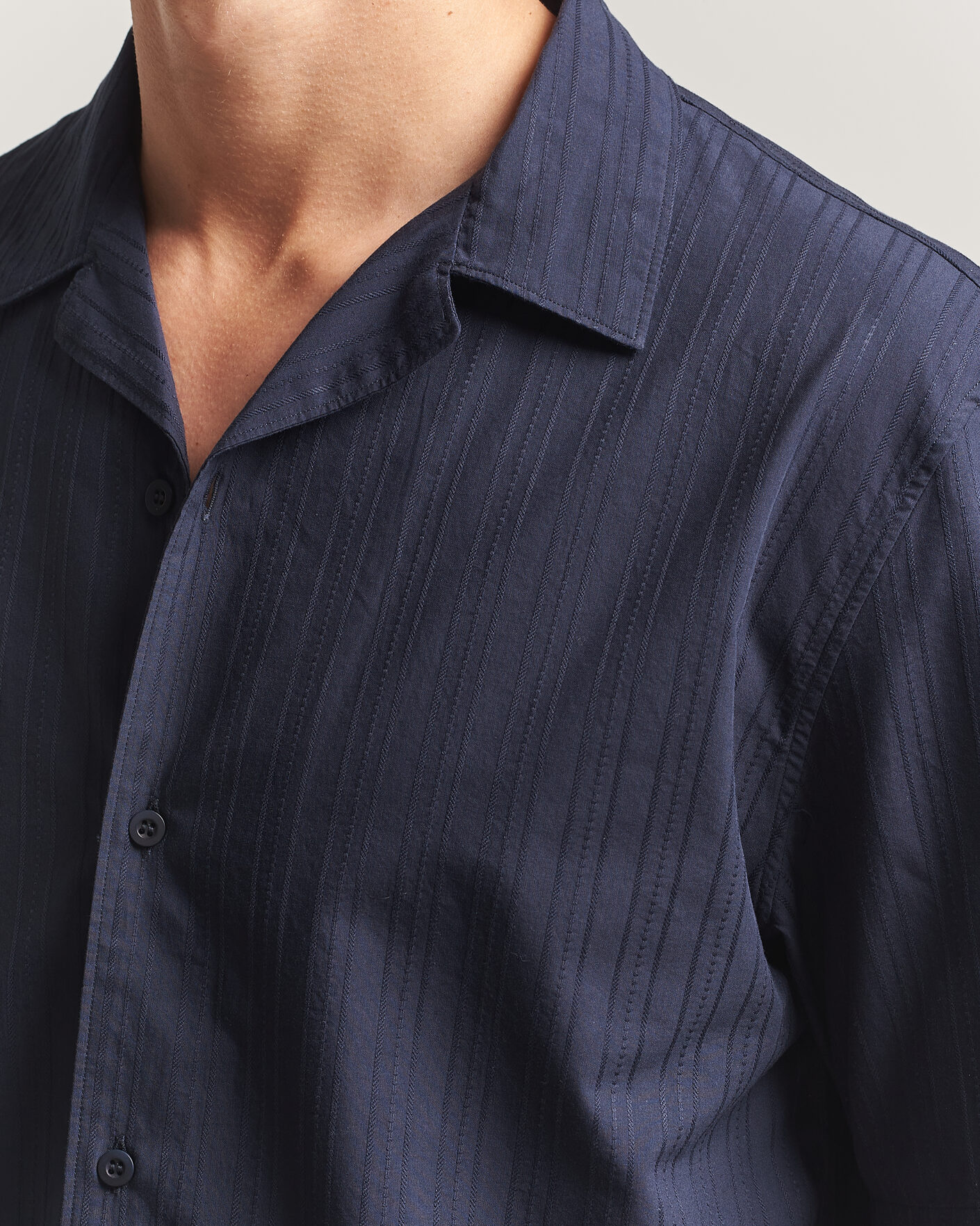 Uomini | Camicie | Sunspel | Short Sleeve Textured Stripe Shirt Navy
