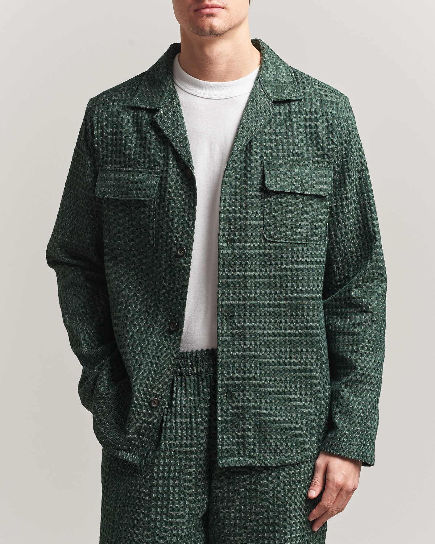 Uomini | Camicie | LES DEUX | Check Seersucker Overshirt Pine Green