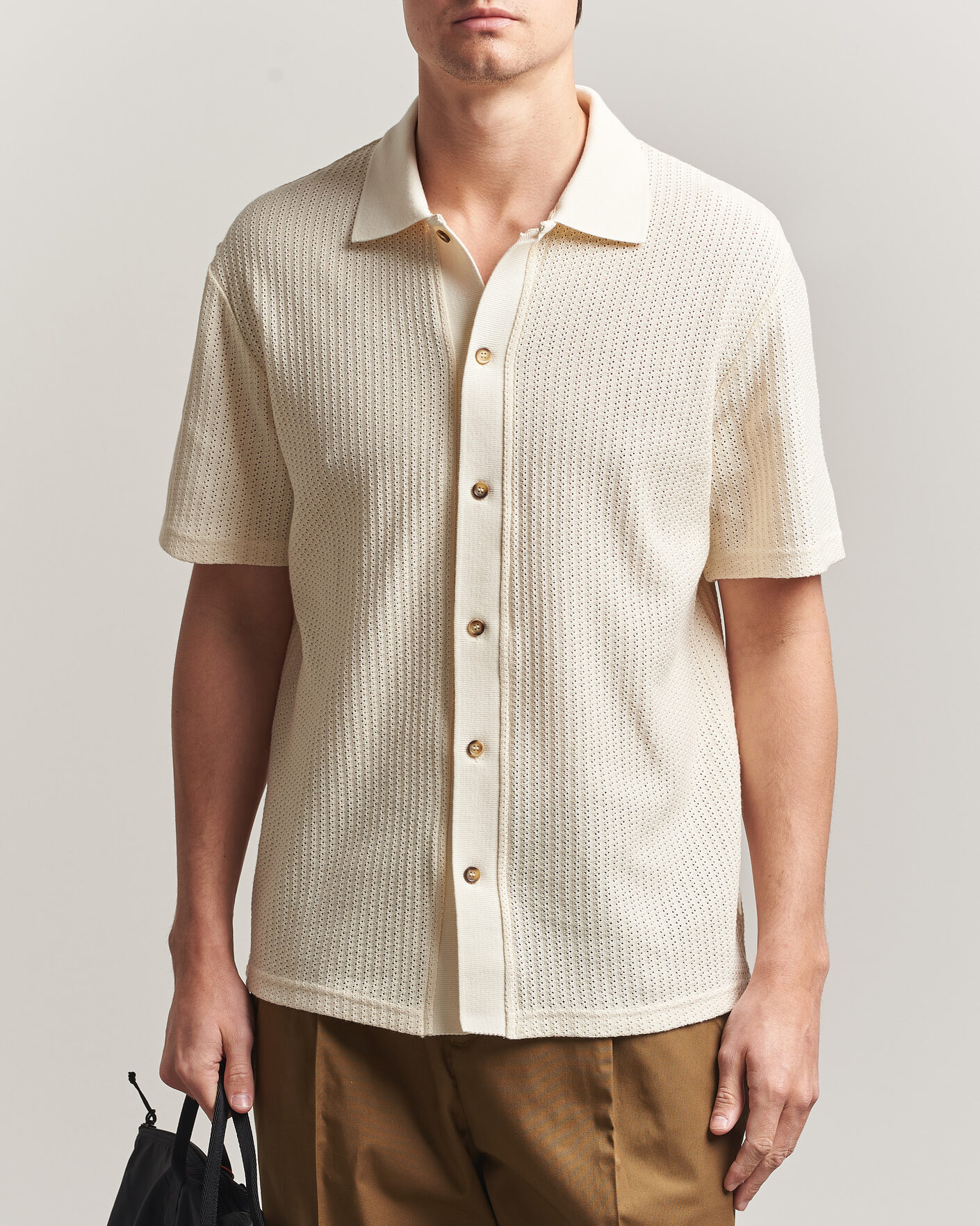 Uomini | Camicie | LES DEUX | Pointelle Short Sleeve Knitted Shirt Eggnog White