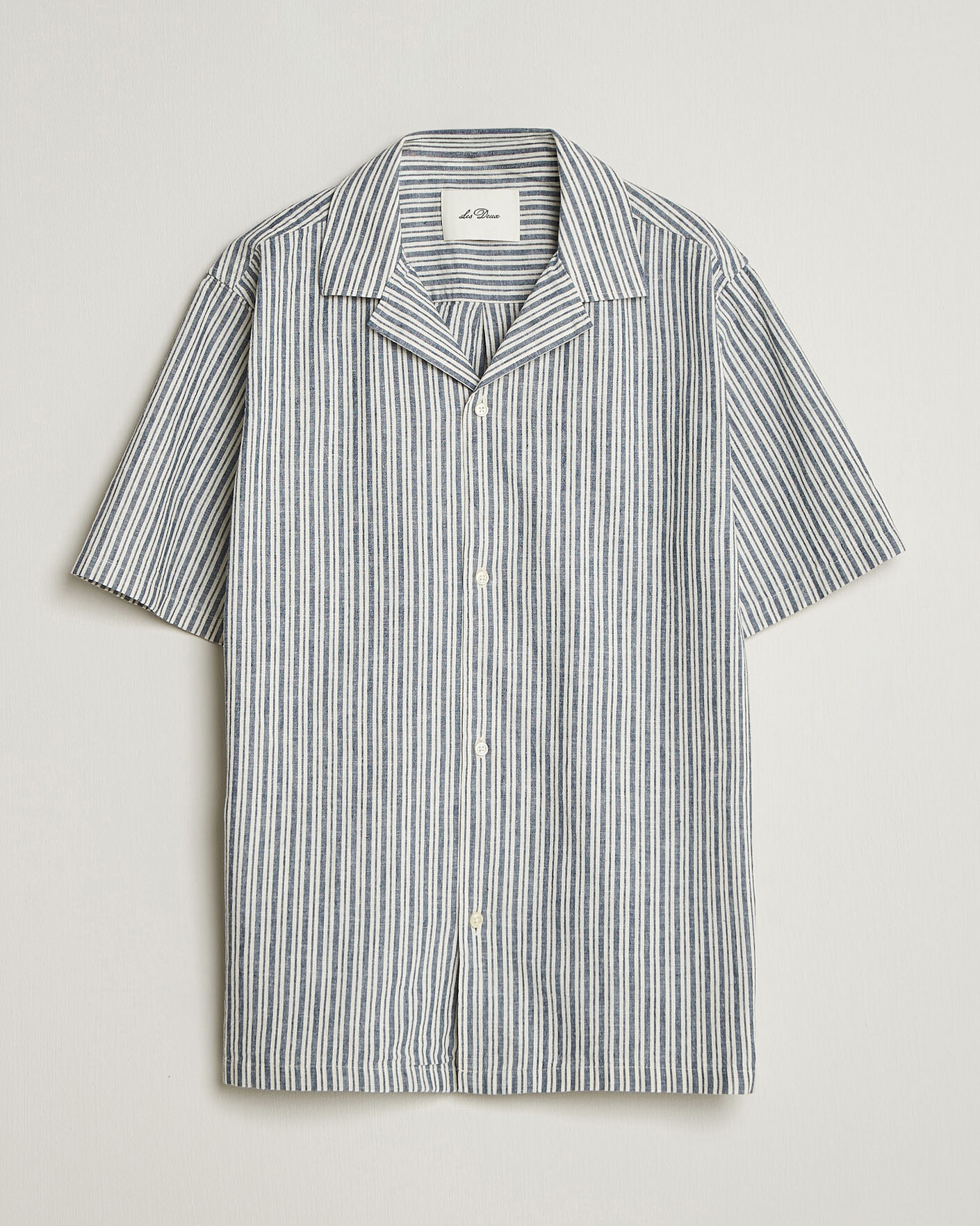 Uomini | Camicie | LES DEUX | Stripe Cotton/Linen Short Sleeve Shirt Dark Blue