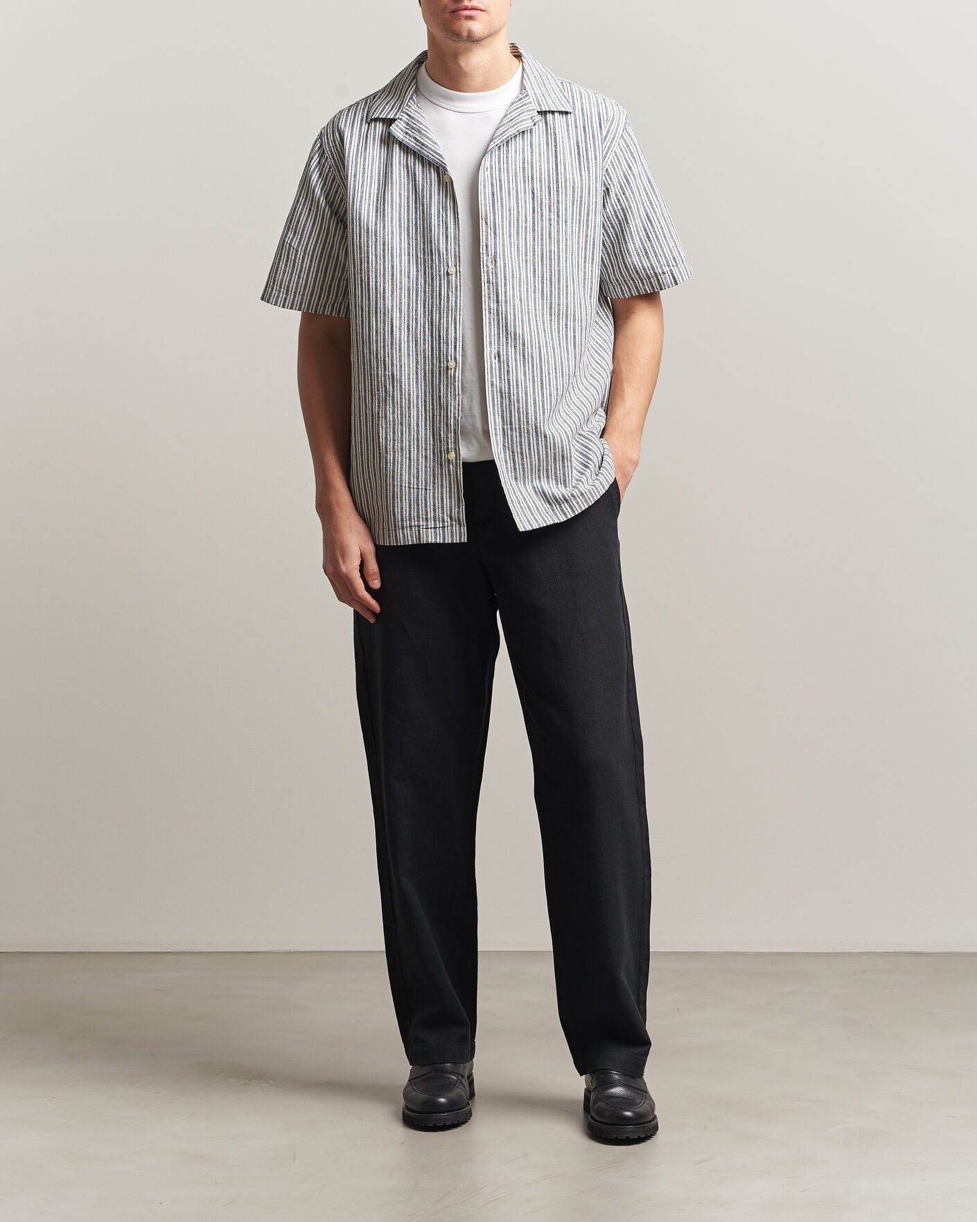Uomini | Camicie | LES DEUX | Stripe Cotton/Linen Short Sleeve Shirt Dark Blue