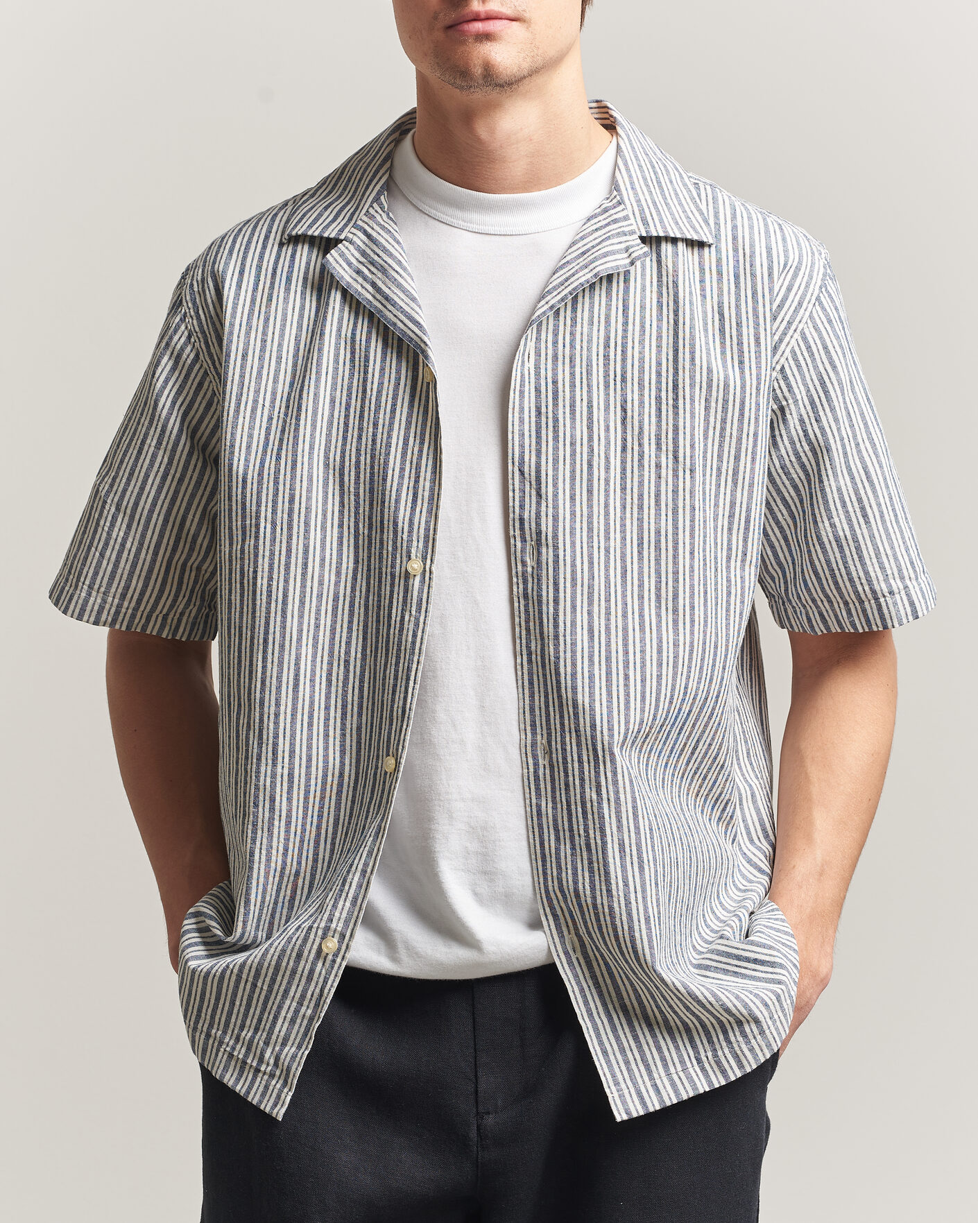 Uomini | Camicie | LES DEUX | Stripe Cotton/Linen Short Sleeve Shirt Dark Blue